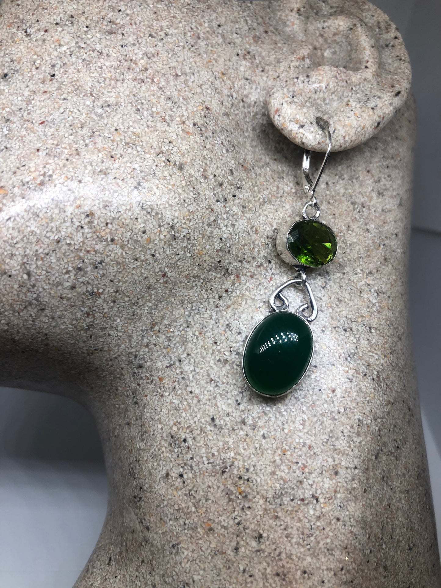 Antique Vintage Green Chrysoprase Silver Dangle Earrings