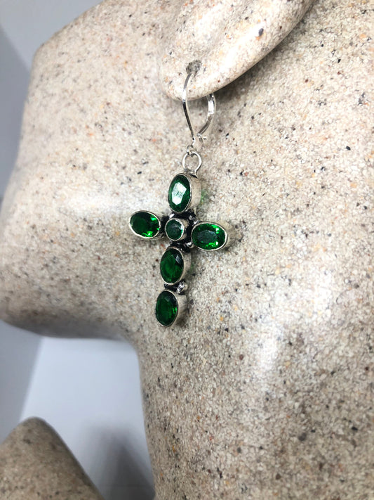 Vintage Green Glass Cross 925 Sterling Silver LeverBack