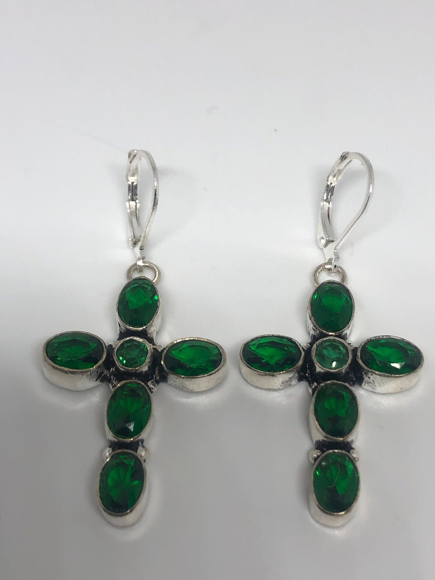 Vintage Green Glass Cross 925 Sterling Silver LeverBack