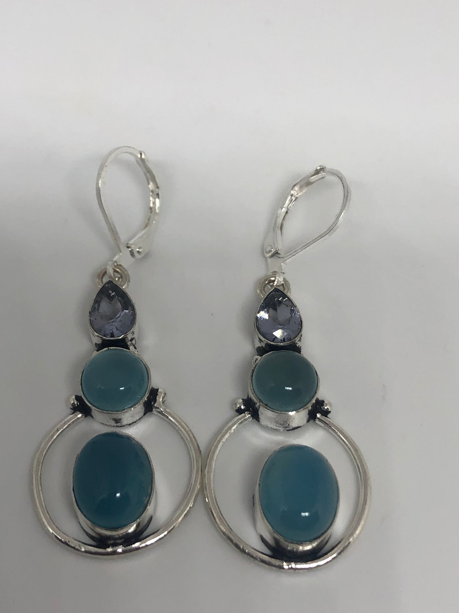 Vintage Genuine Blue Chalcedony Gemstone Filigree Sterling Silver Lever Back Chandelier Earrings