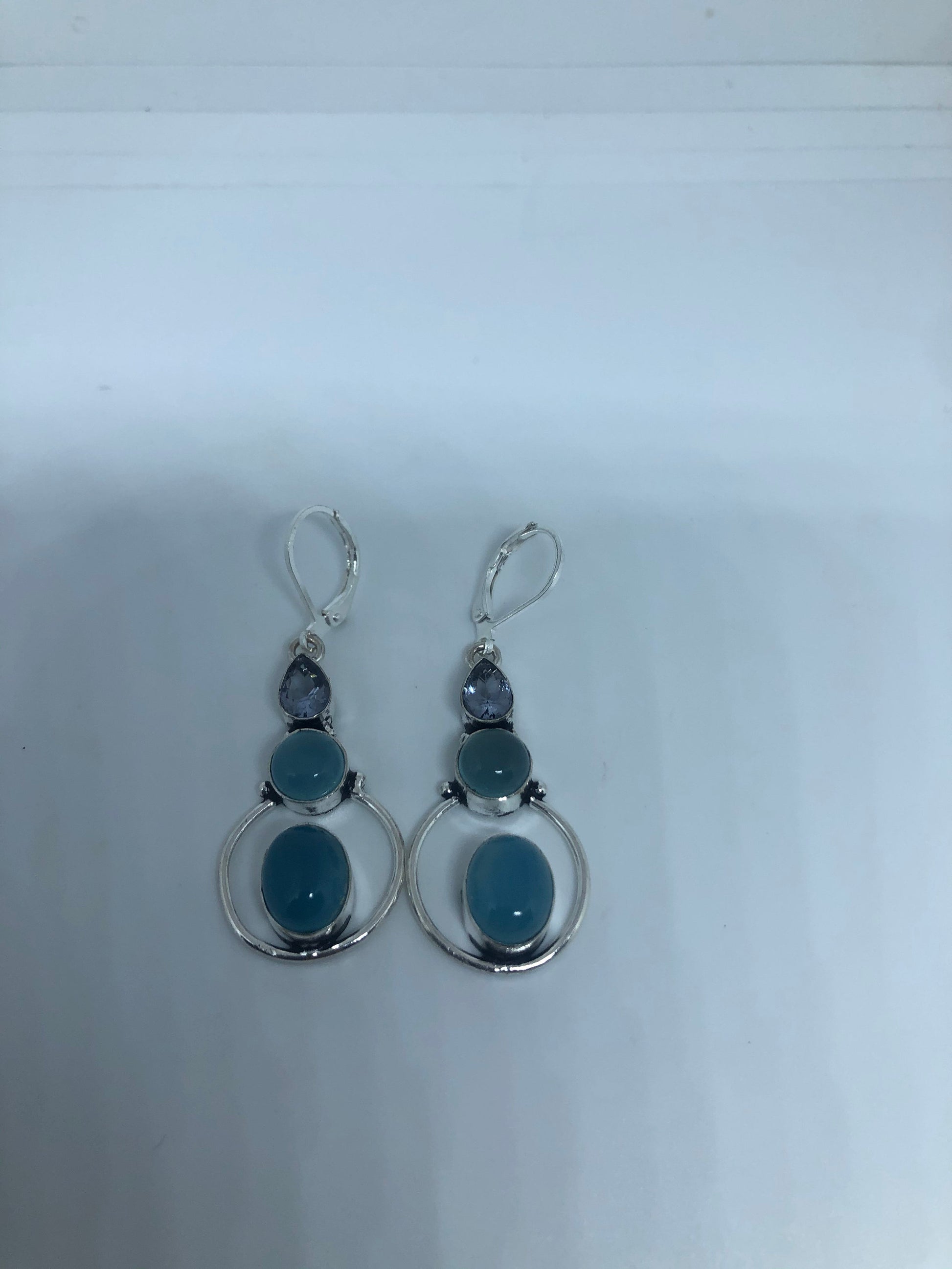 Vintage Genuine Blue Chalcedony Gemstone Filigree Sterling Silver Lever Back Chandelier Earrings