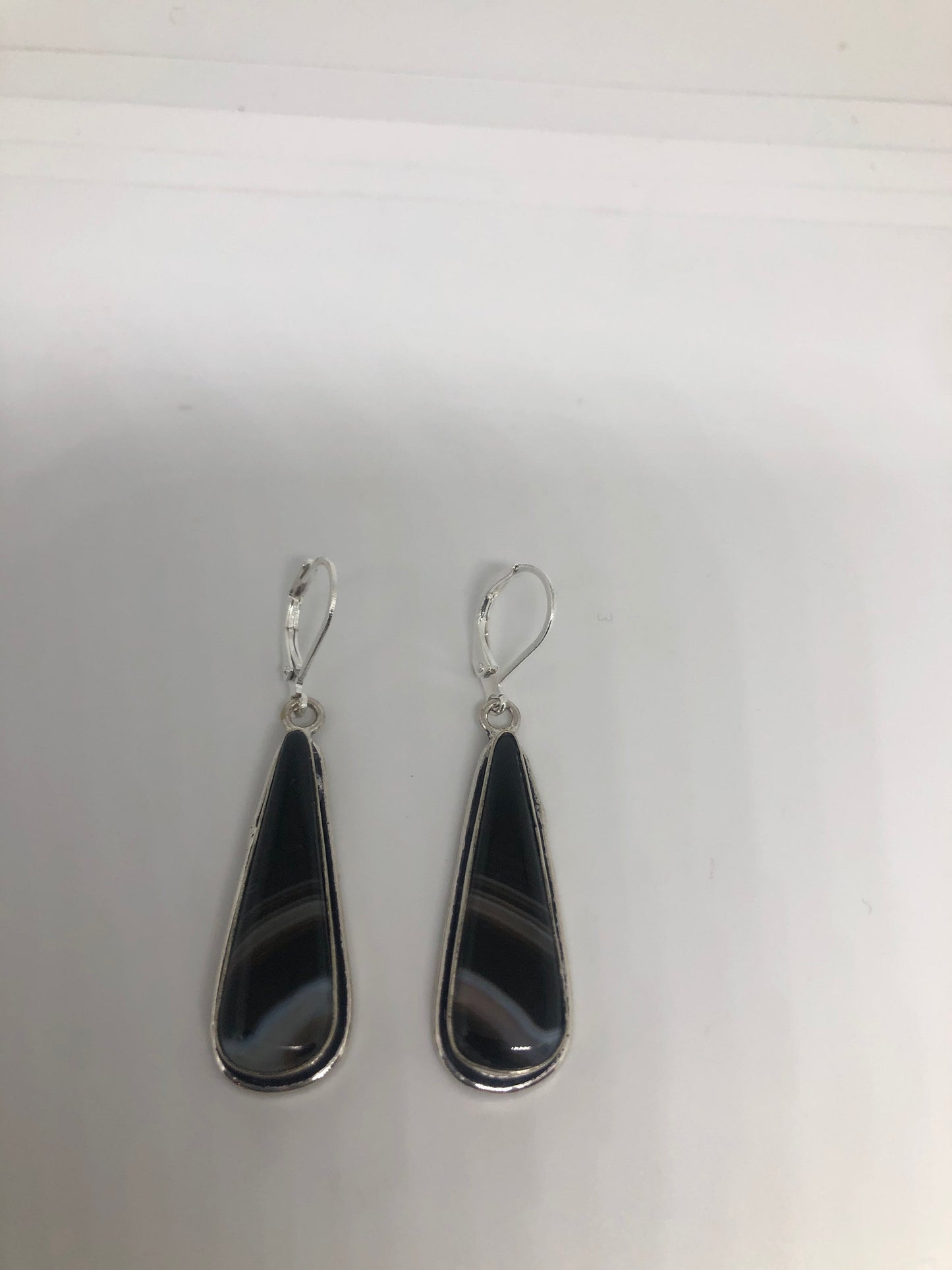 Vintage Black Onyx Agate Earrings 925 Sterling Silver Deco Dangle Chandelier