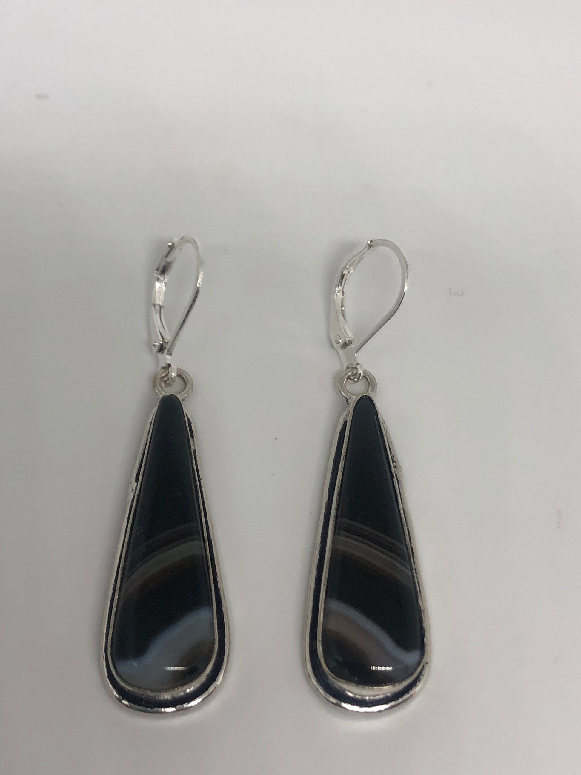 Vintage Black Onyx Agate Earrings 925 Sterling Silver Deco Dangle Chandelier