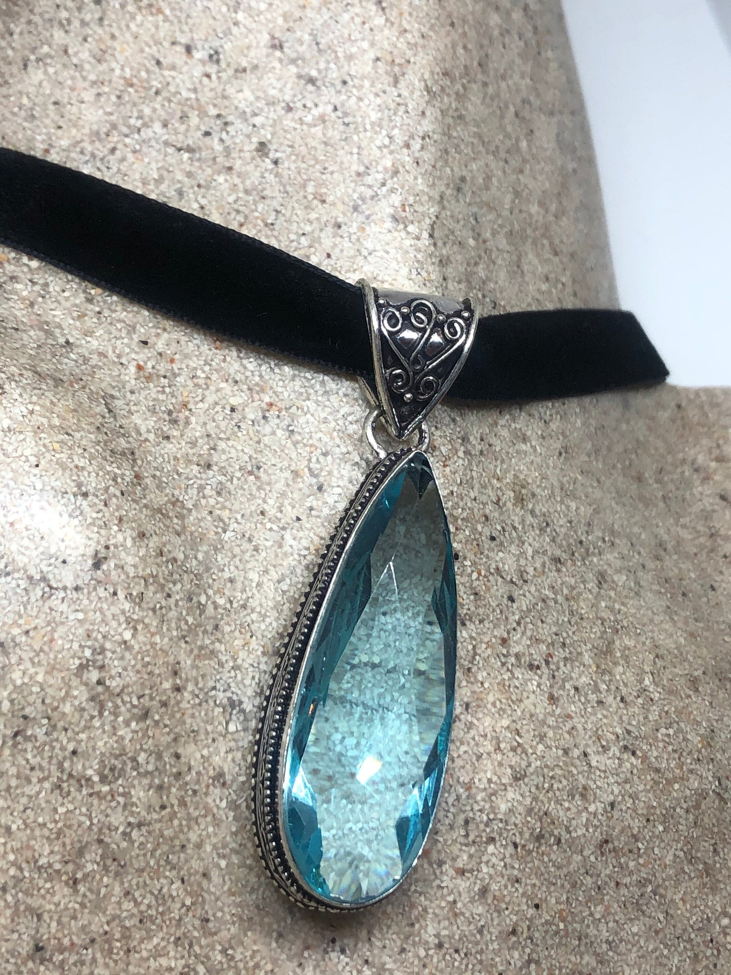 Antique Aqua Blue Volcanic Glass Choker Necklace