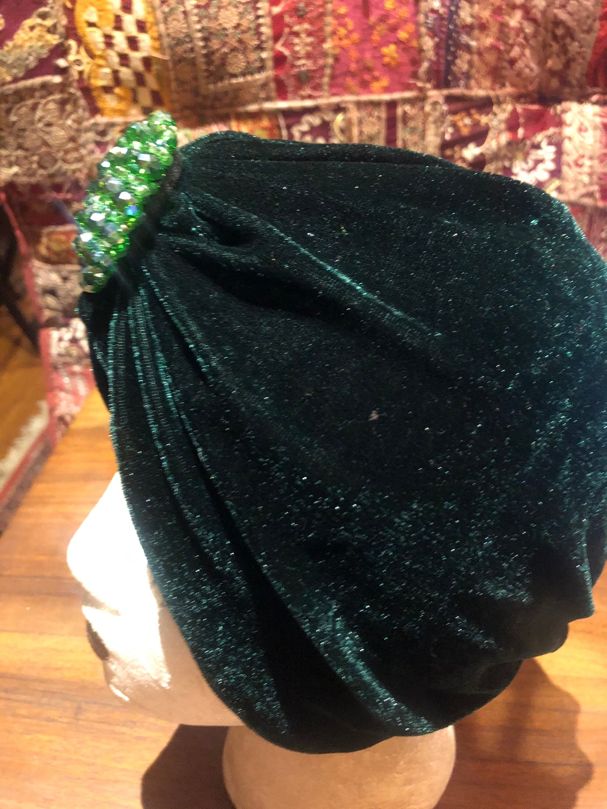 Vintage Green Stretch Velvet Deco Turban Hat