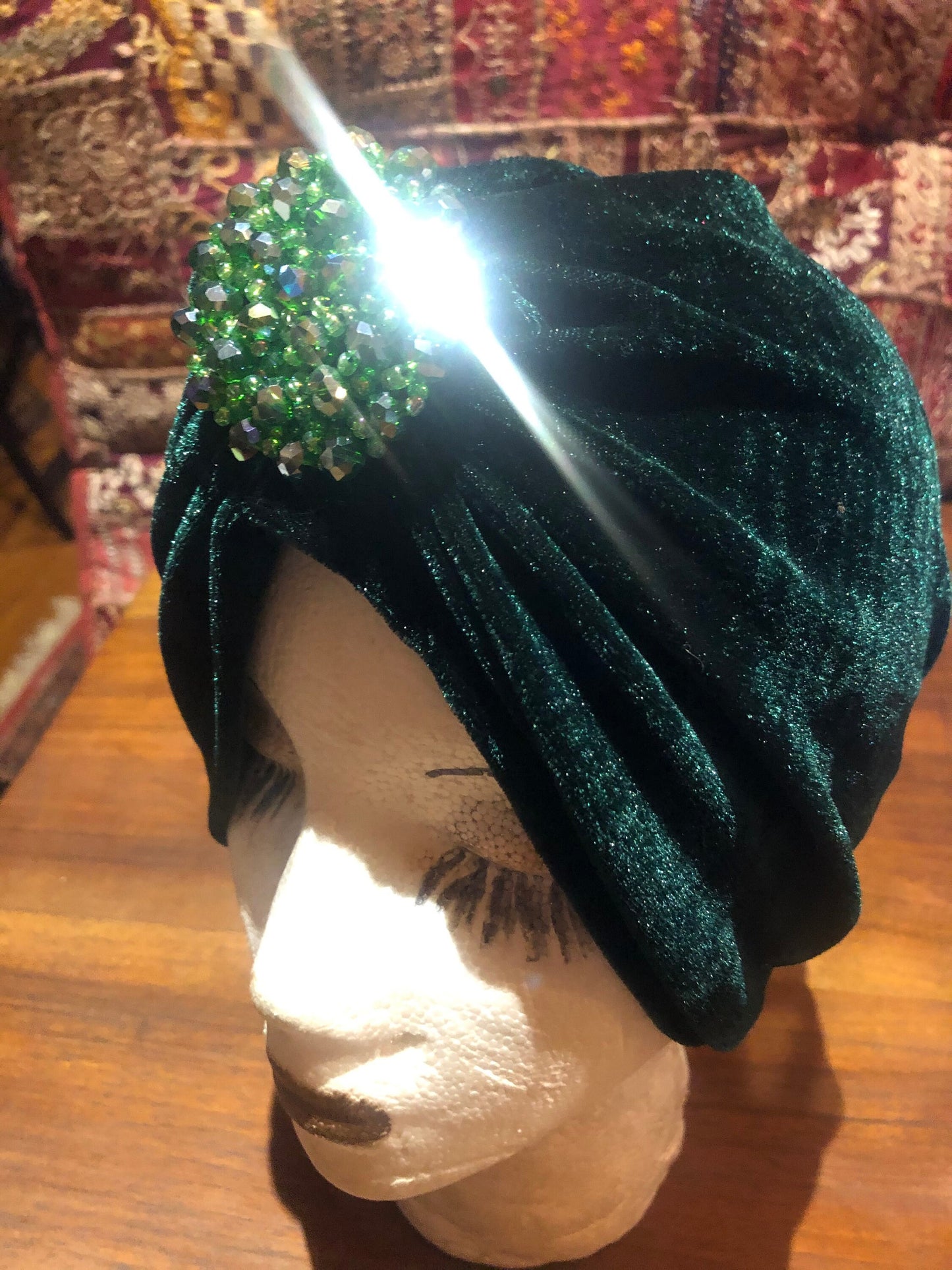 Vintage Green Stretch Velvet Deco Turban Hat