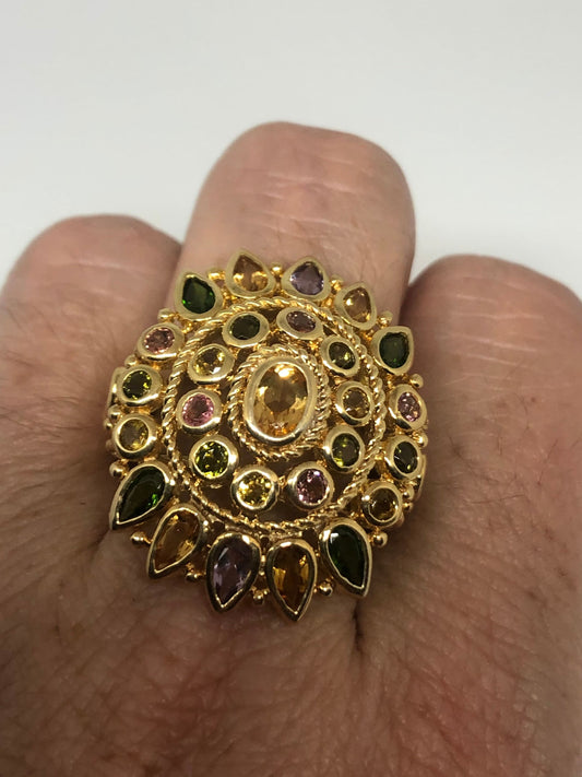 Vintage Mixed color Tourmaline Golden 925 Sterling Silver Ring