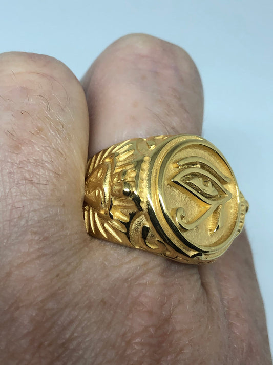 Vintage Golden Stainless Steel Egyptian Ankh Horus Eye Mens Ring