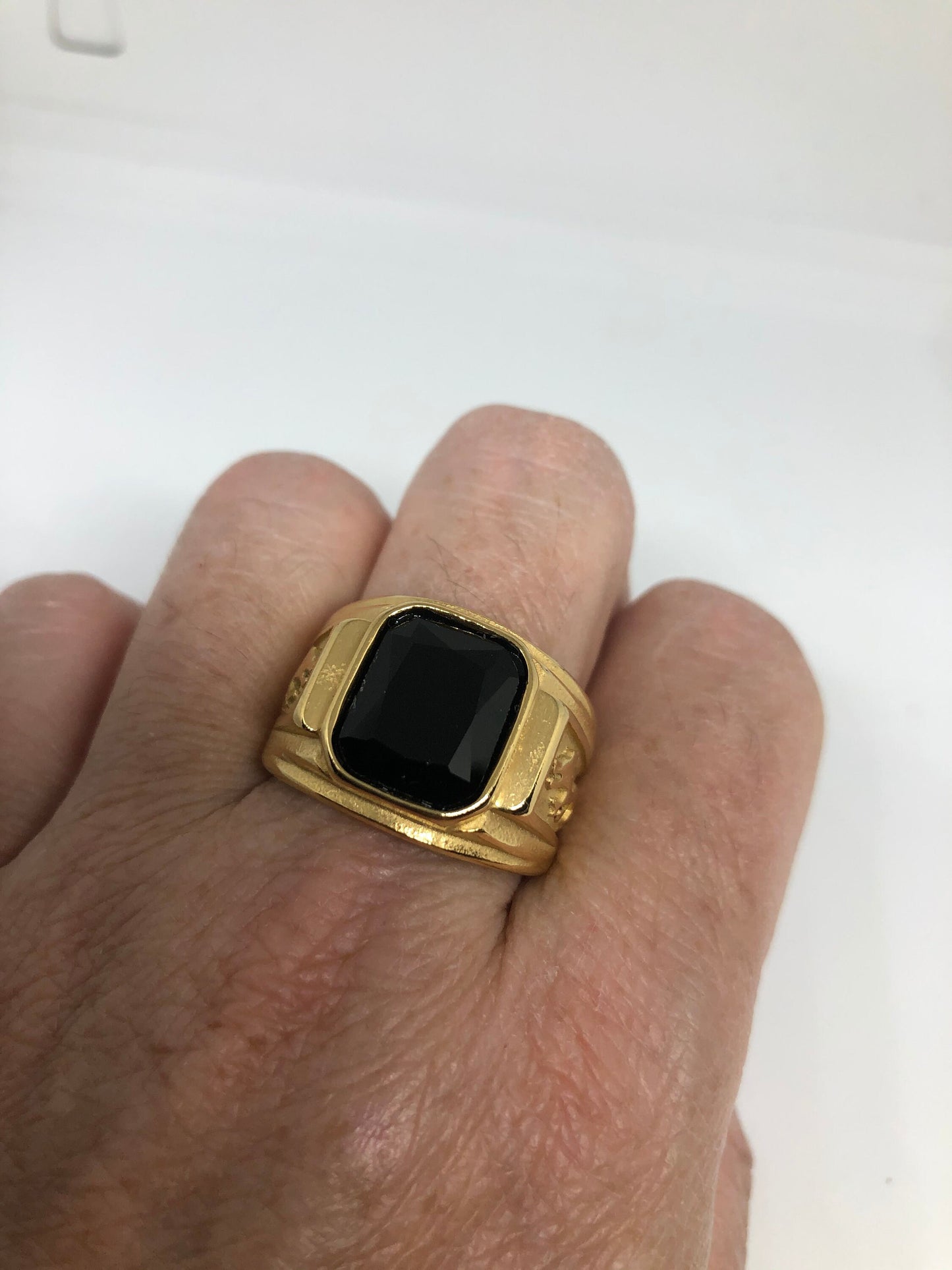 Vintage Gothic Black Onyx Dragon Golden Stainless Steel Men's Ring