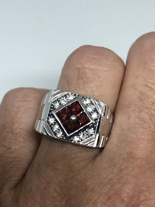 Vintage Red Bohemian Garnet Ring White Sapphire 925 Sterling Silver Cocktail Statement