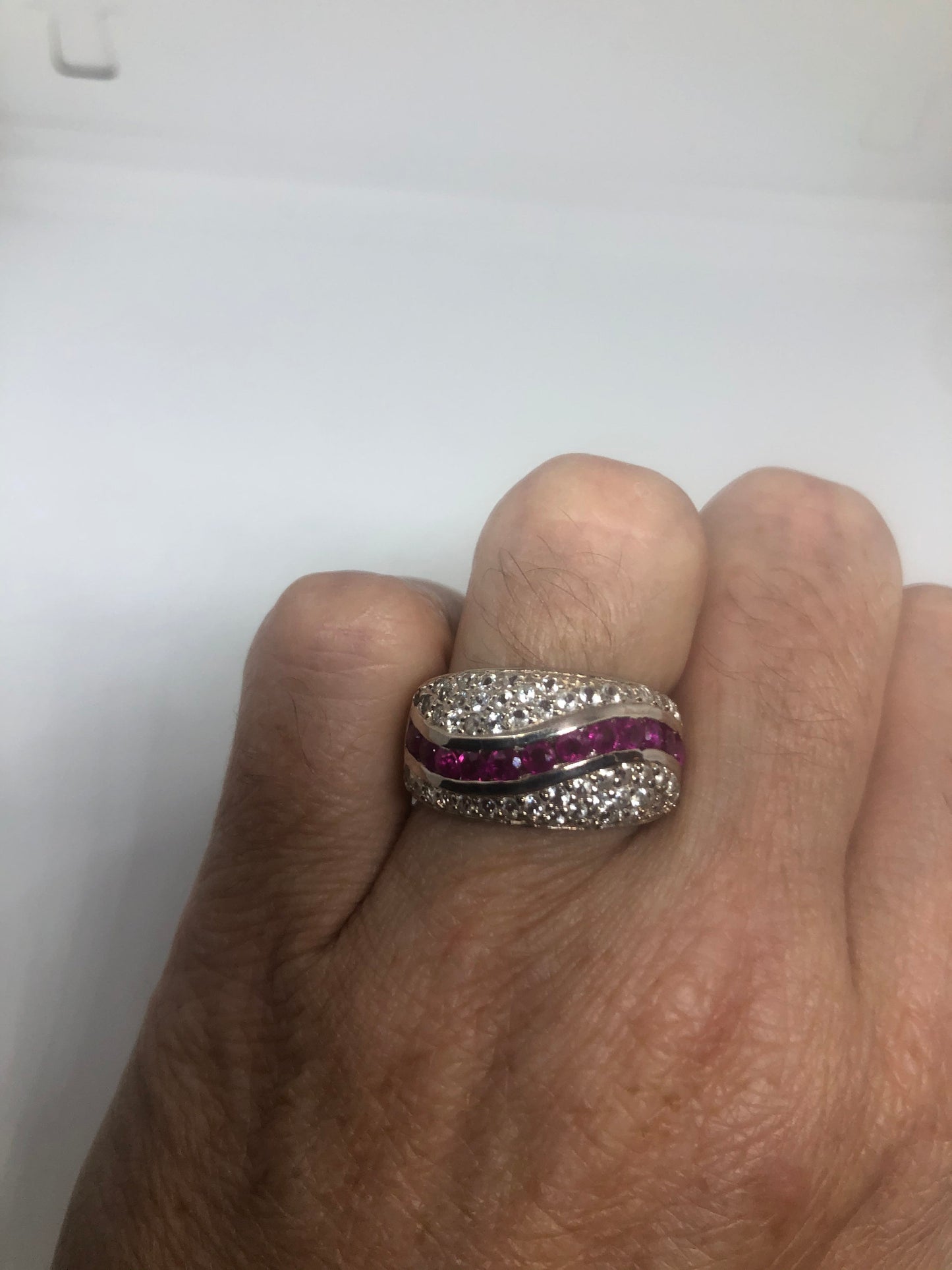 Vintage Pink Ruby 925 Sterling Silver Band Ring