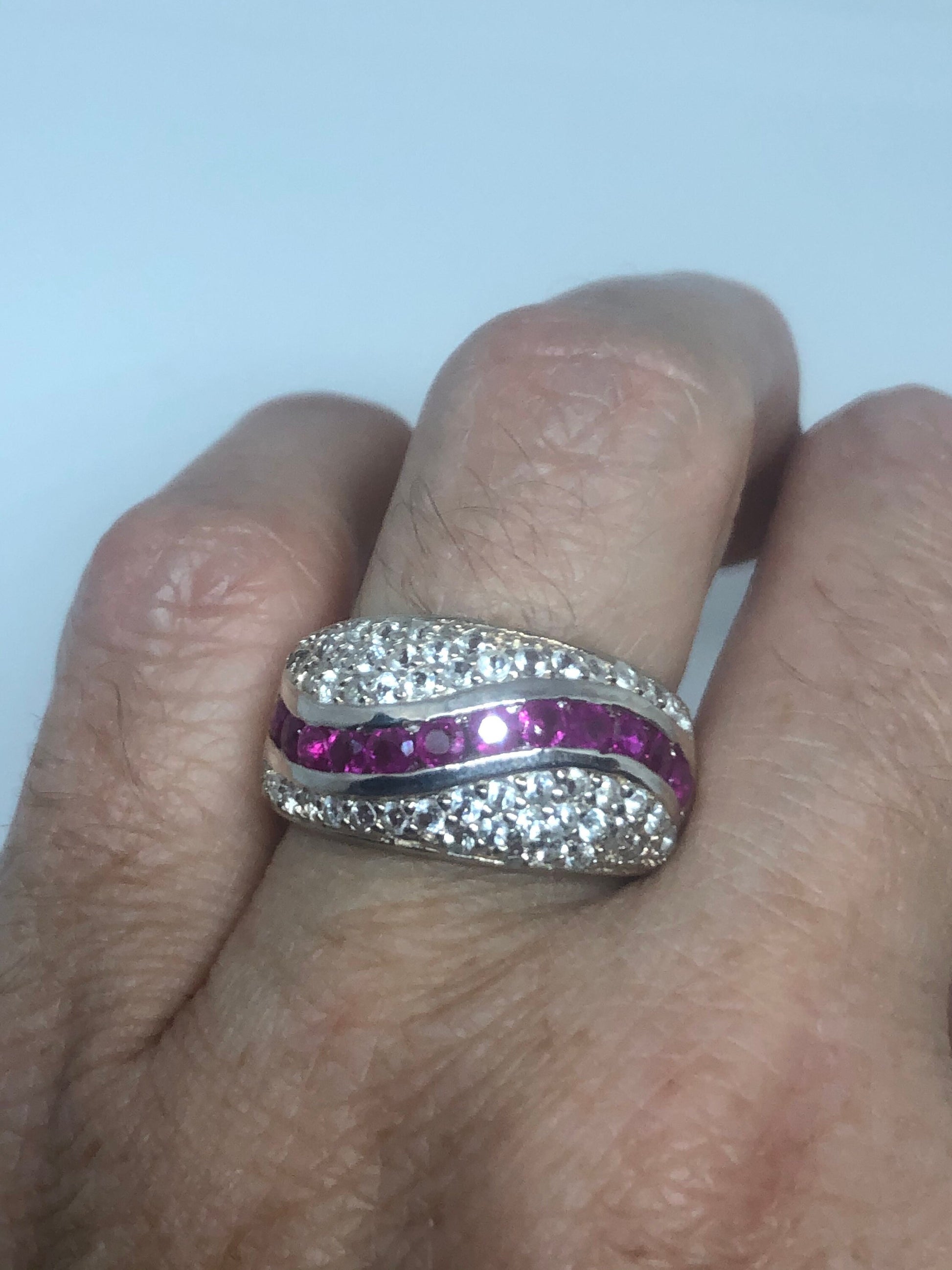 Vintage Pink Ruby 925 Sterling Silver Band Ring