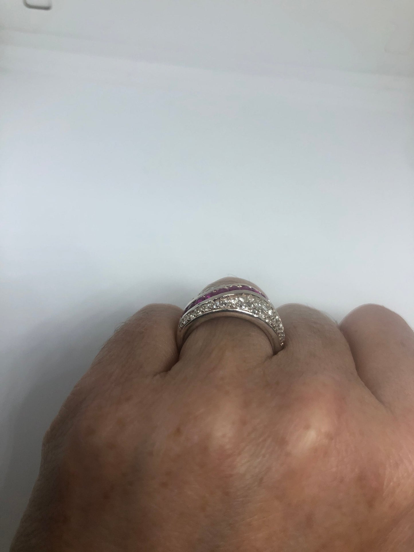 Vintage Pink Ruby 925 Sterling Silver Band Ring