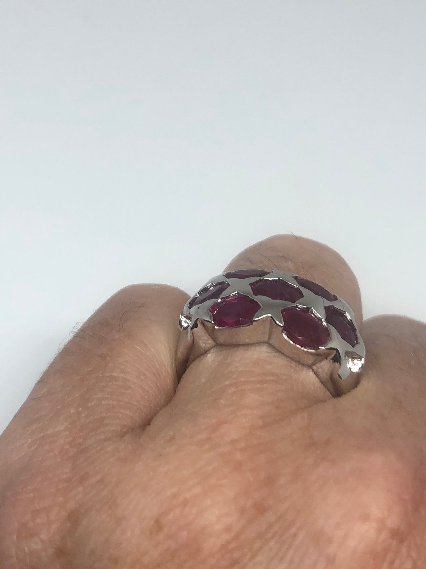 Vintage Pink Ruby 925 Sterling Silver Band Ring