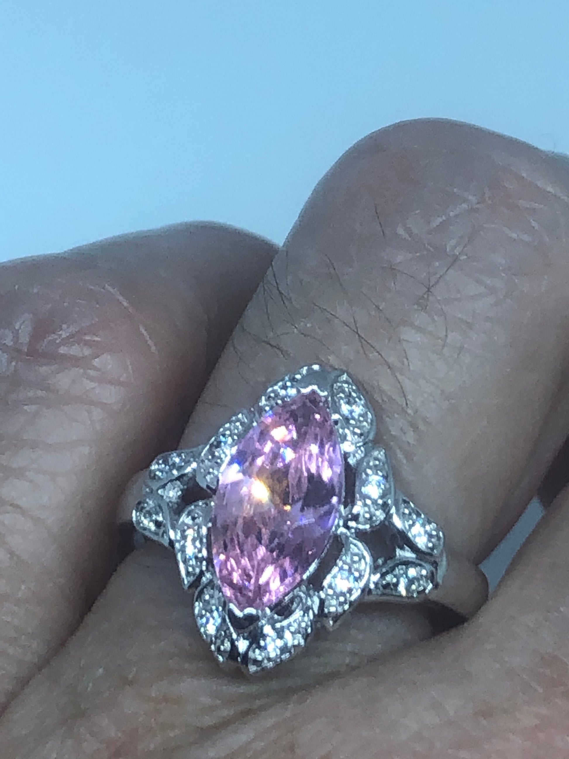 Vintage Pink CZ 925 Sterling Silver Cocktail Ring Size 6.25