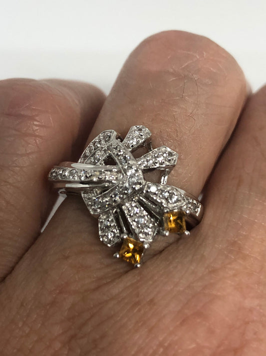 Vintage Citrine Golden 925 Sterling Silver Gothic Ring Size 6
