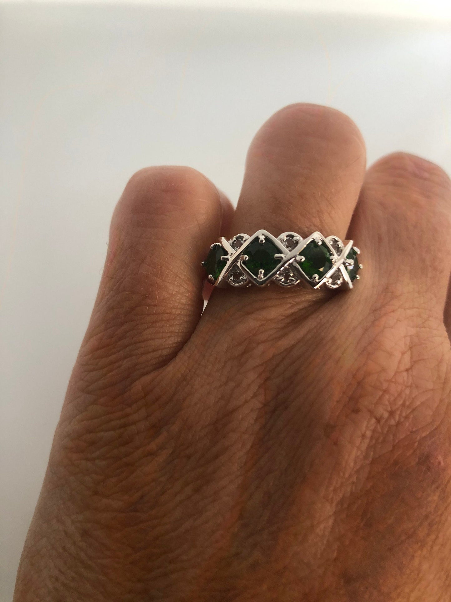 Vintage Handmade Green Chrome Diopside and Clear Flourite Filigree Setting Sterling Silver Gothic Ring