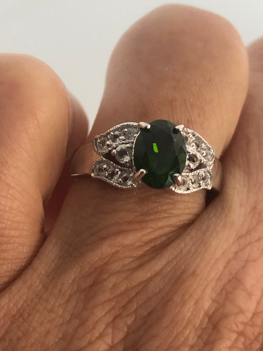 Vintage Handmade Green Chrome Diopside and Clear Flourite Filigree Setting Sterling Silver Gothic Ring