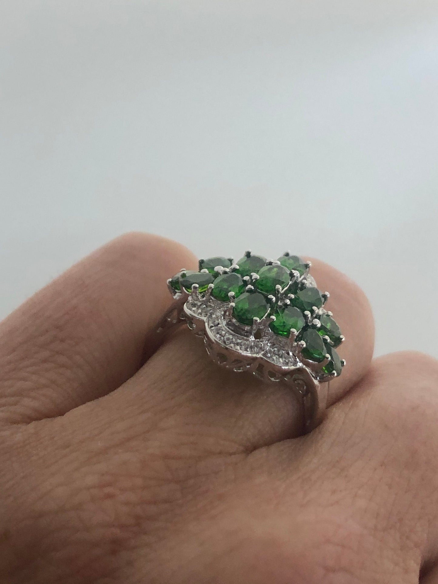 Vintage Handmade Genuine Green Chrome Diopside Setting 925 Sterling Silver Gothic Ring