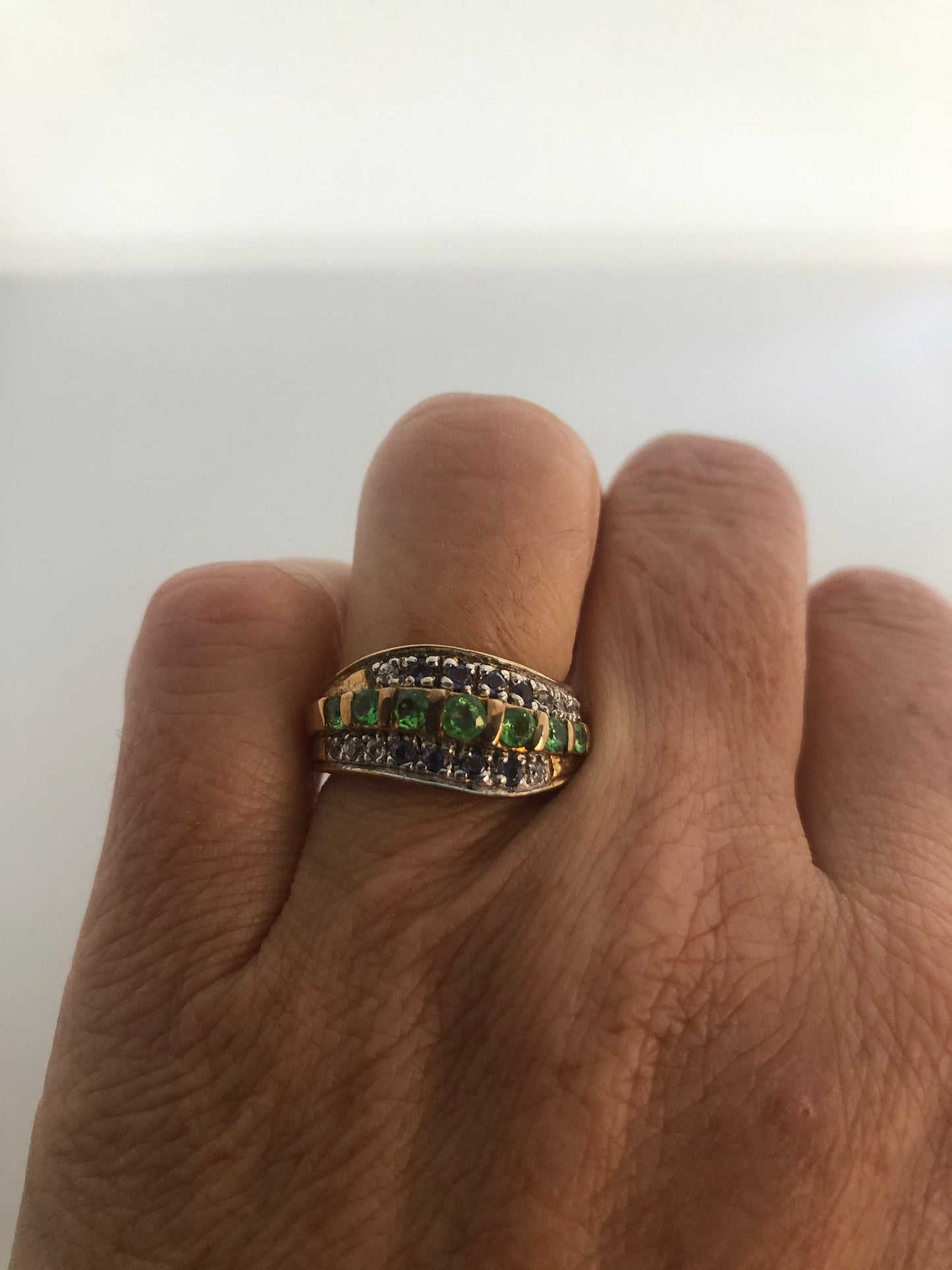 Vintage Handmade Genuine Green Chrome Diopside Filigree Setting Golden 925 Sterling Silver Gothic Knot Ring