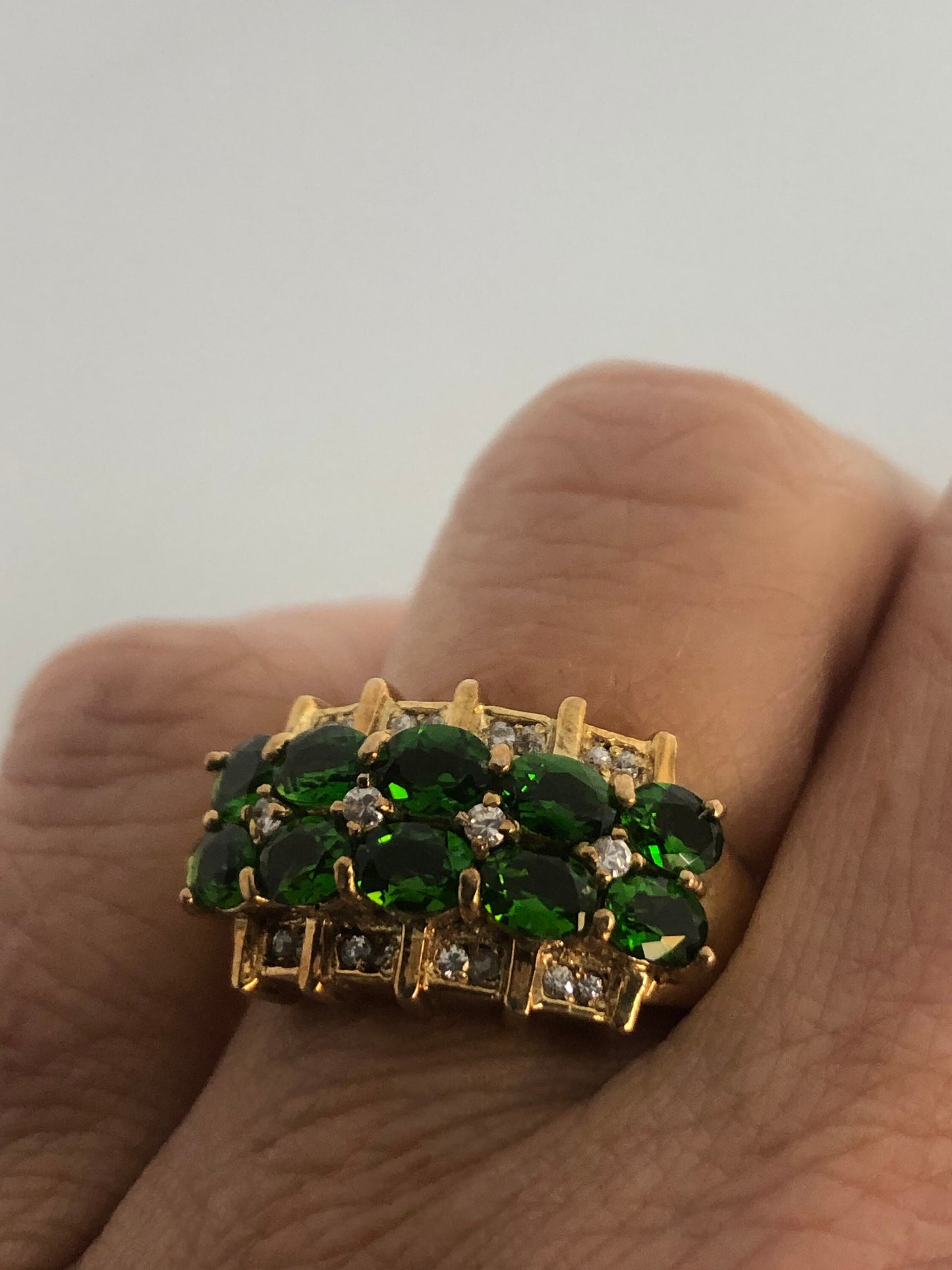 Vintage Handmade Genuine Green Chrome Diopside Golden 925 Sterling Silver Ring