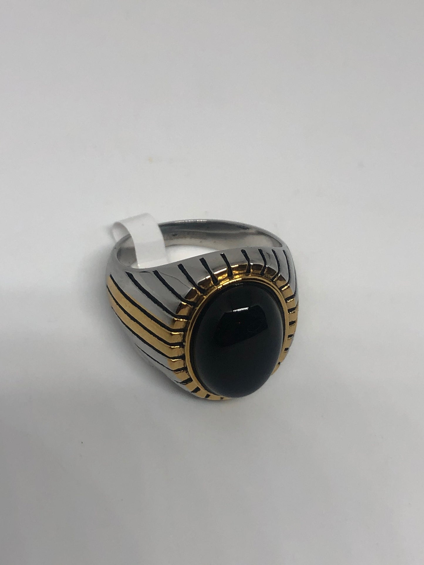 Vintage Gothic Black Onyx Gold Accent Stainless Steel Mens Ring