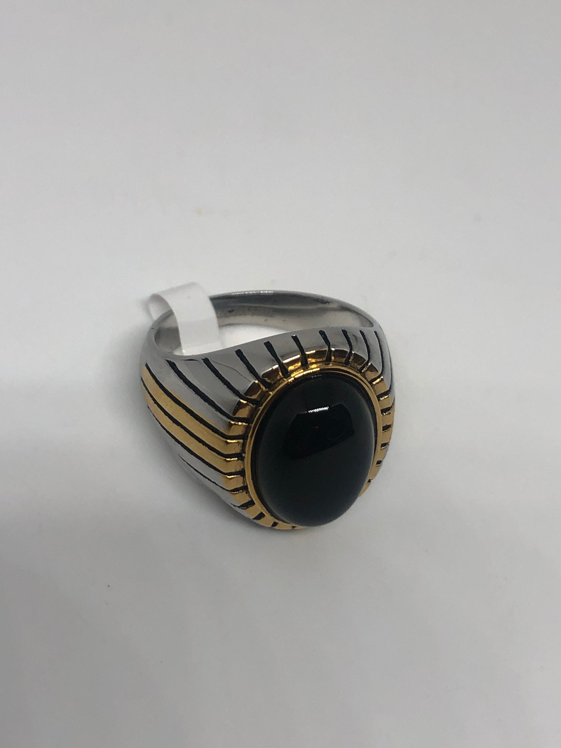 Vintage Gothic Black Onyx Gold Accent Stainless Steel Mens Ring