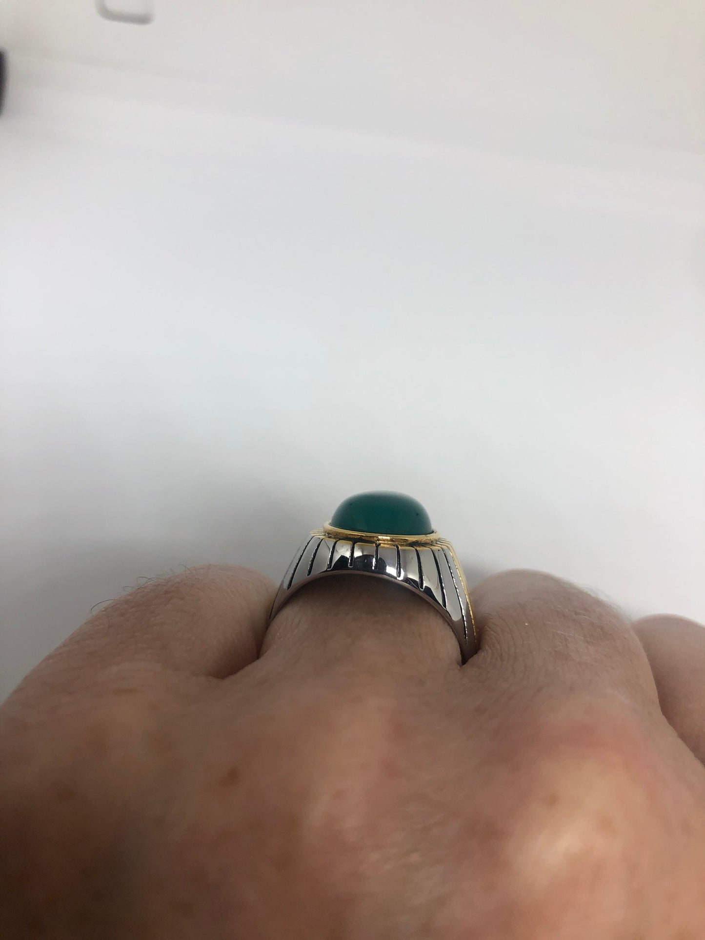 Vintage Gothic Gold Silver Stainless Steel Genuine Green Onyx Mens Ring