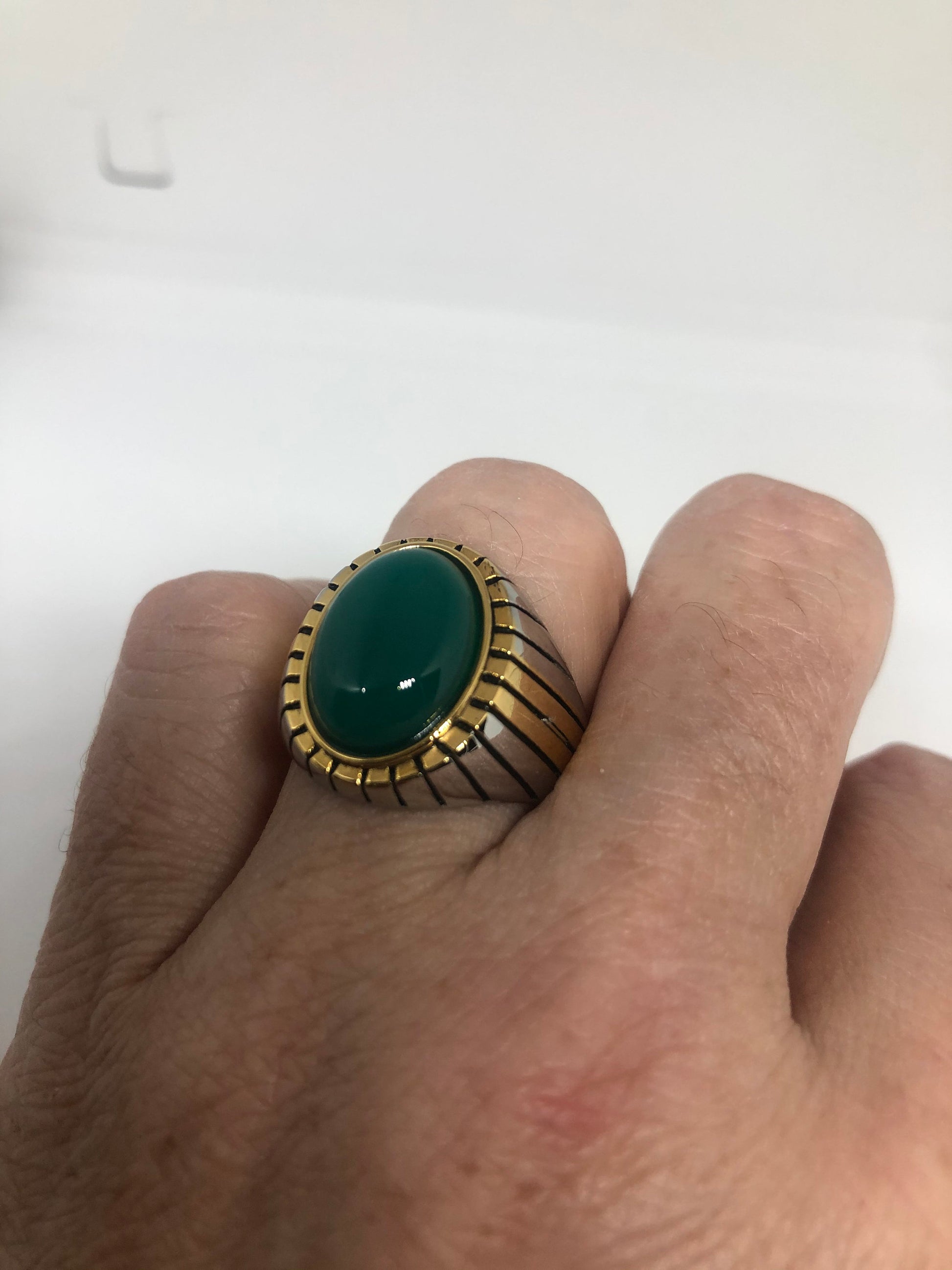 Vintage Gothic Gold Silver Stainless Steel Genuine Green Onyx Mens Ring