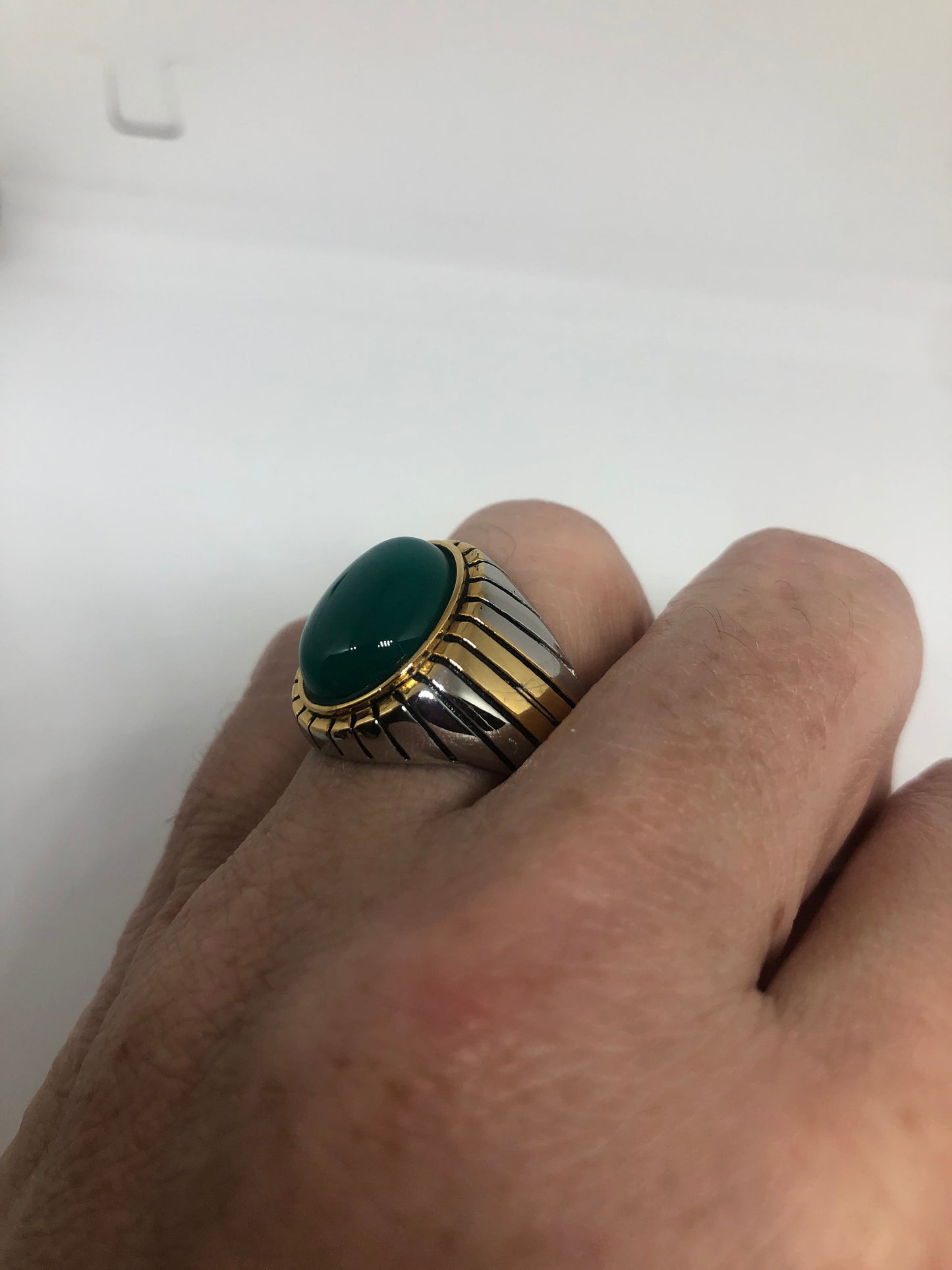 Vintage Gothic Gold Silver Stainless Steel Genuine Green Onyx Mens Ring