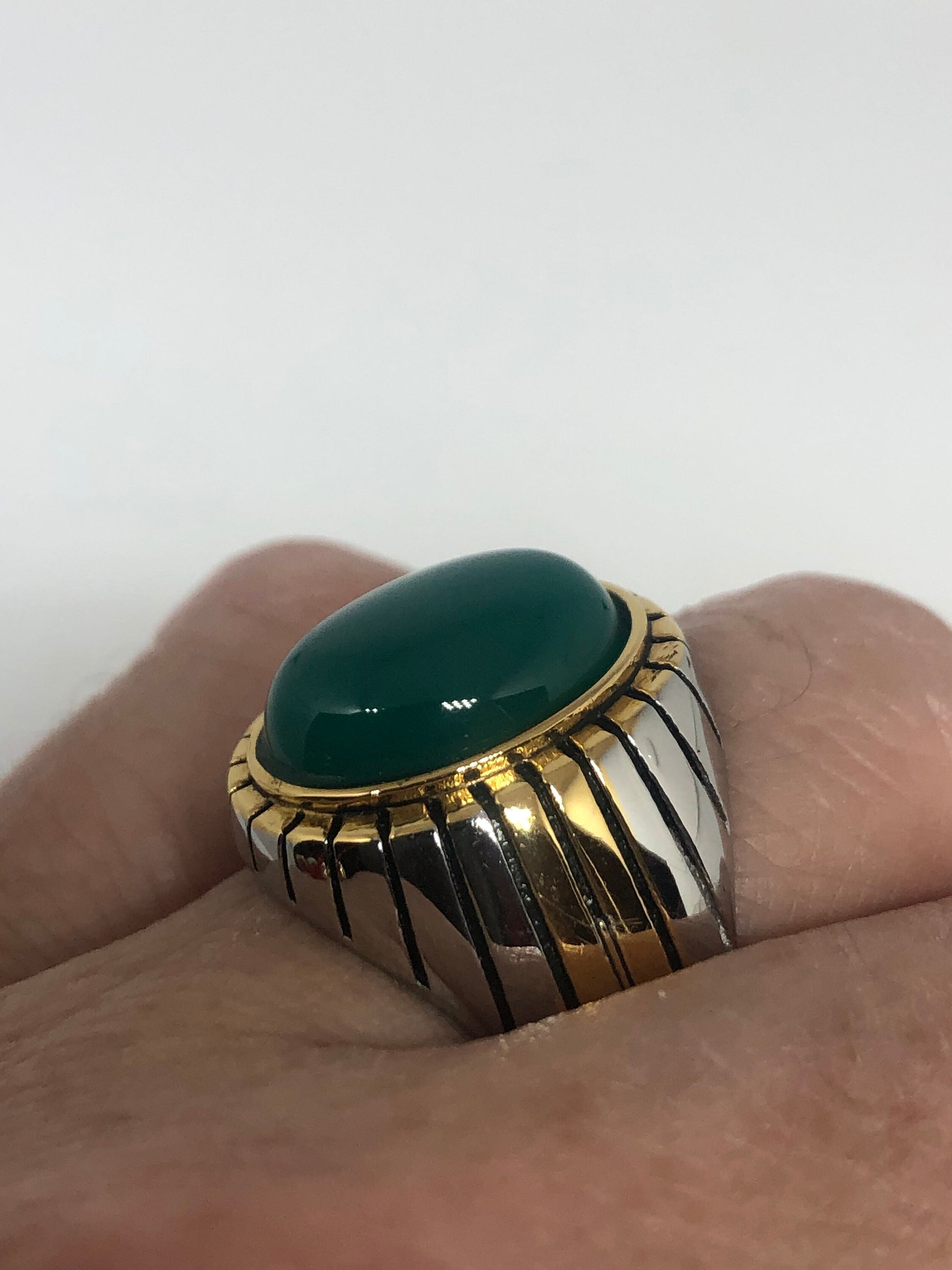 Vintage Gothic Gold Silver Stainless Steel Genuine Green Onyx Mens Ring