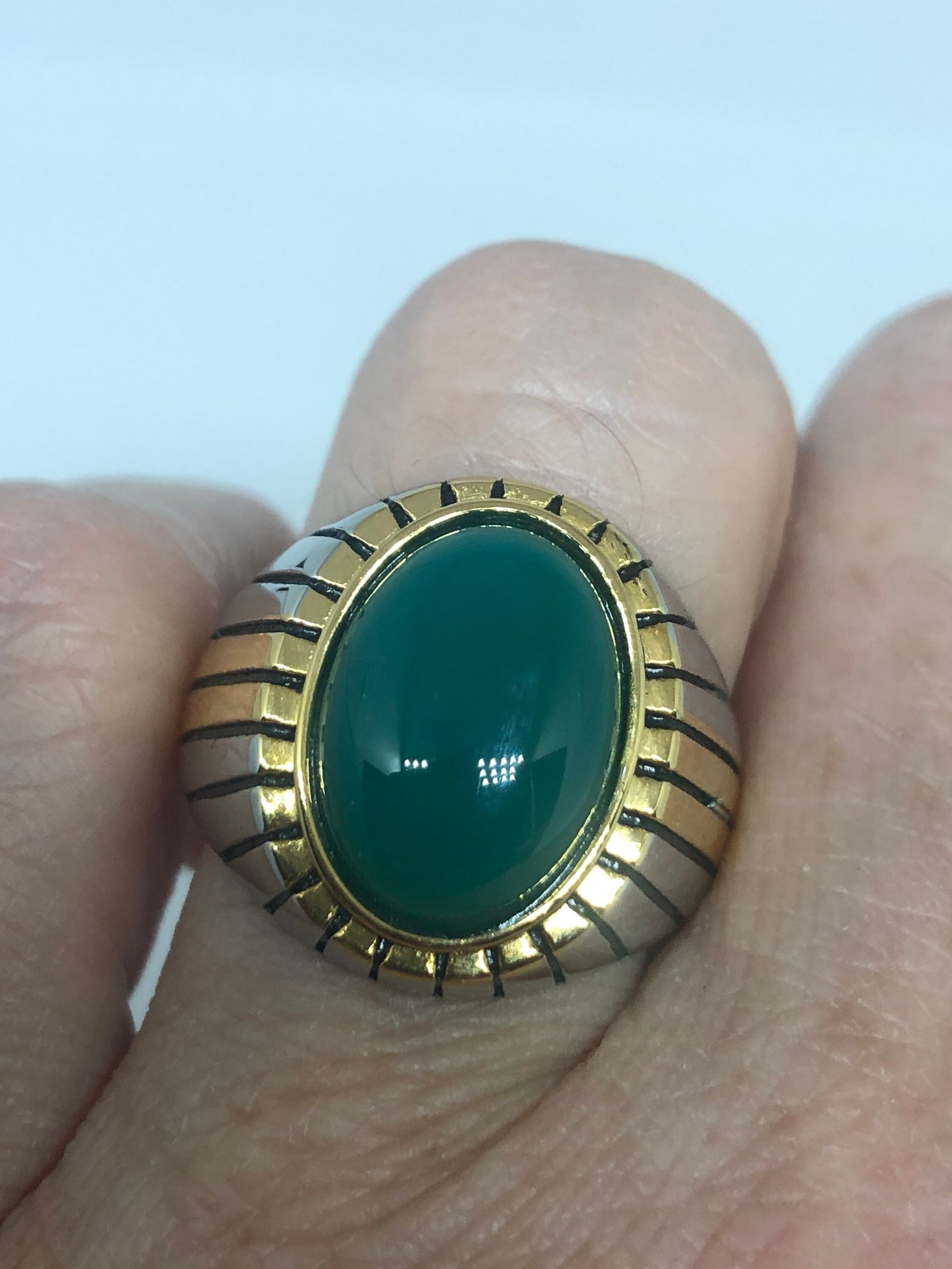 Vintage Gothic Gold Silver Stainless Steel Genuine Green Onyx Mens Ring