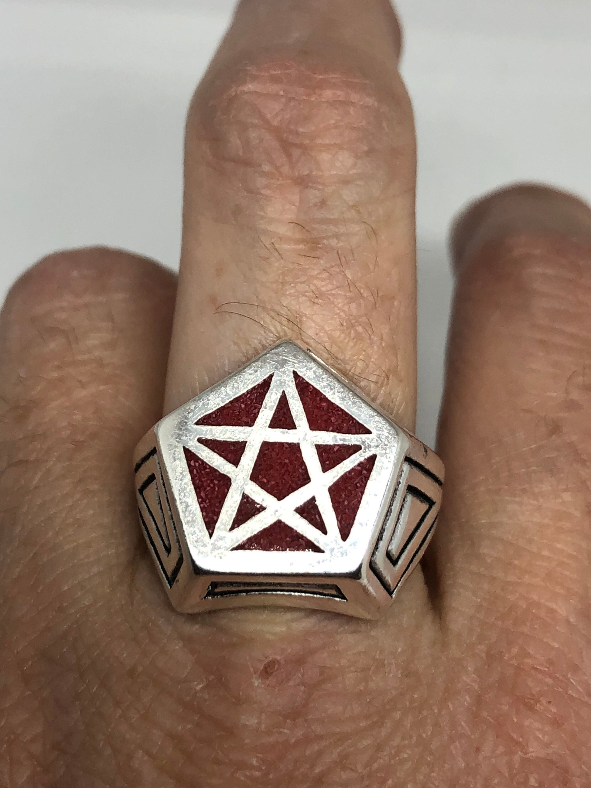 Vintage Gothic Red Pentacle Star Mens Ring