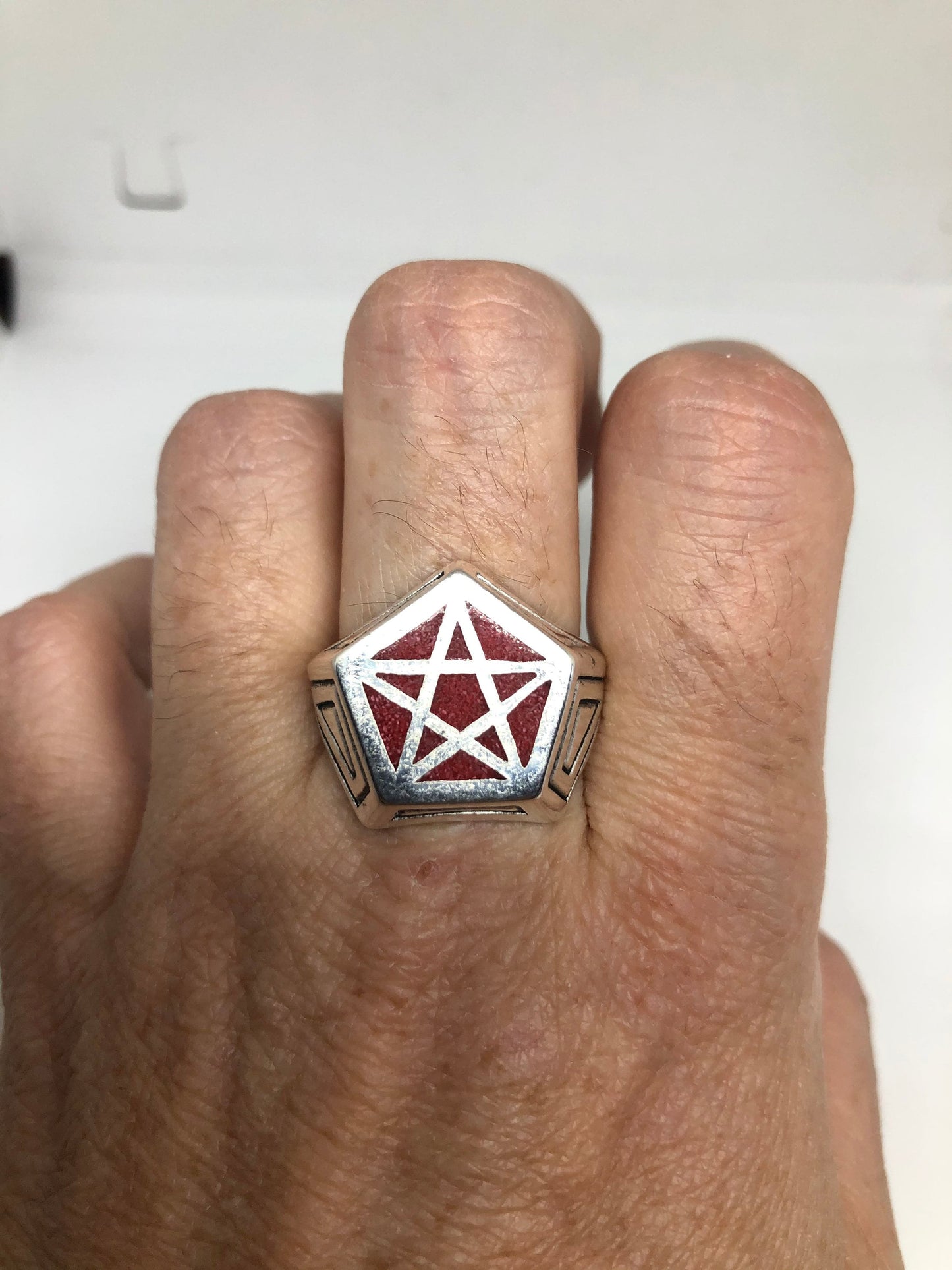 Vintage Gothic Red Pentacle Star Mens Ring