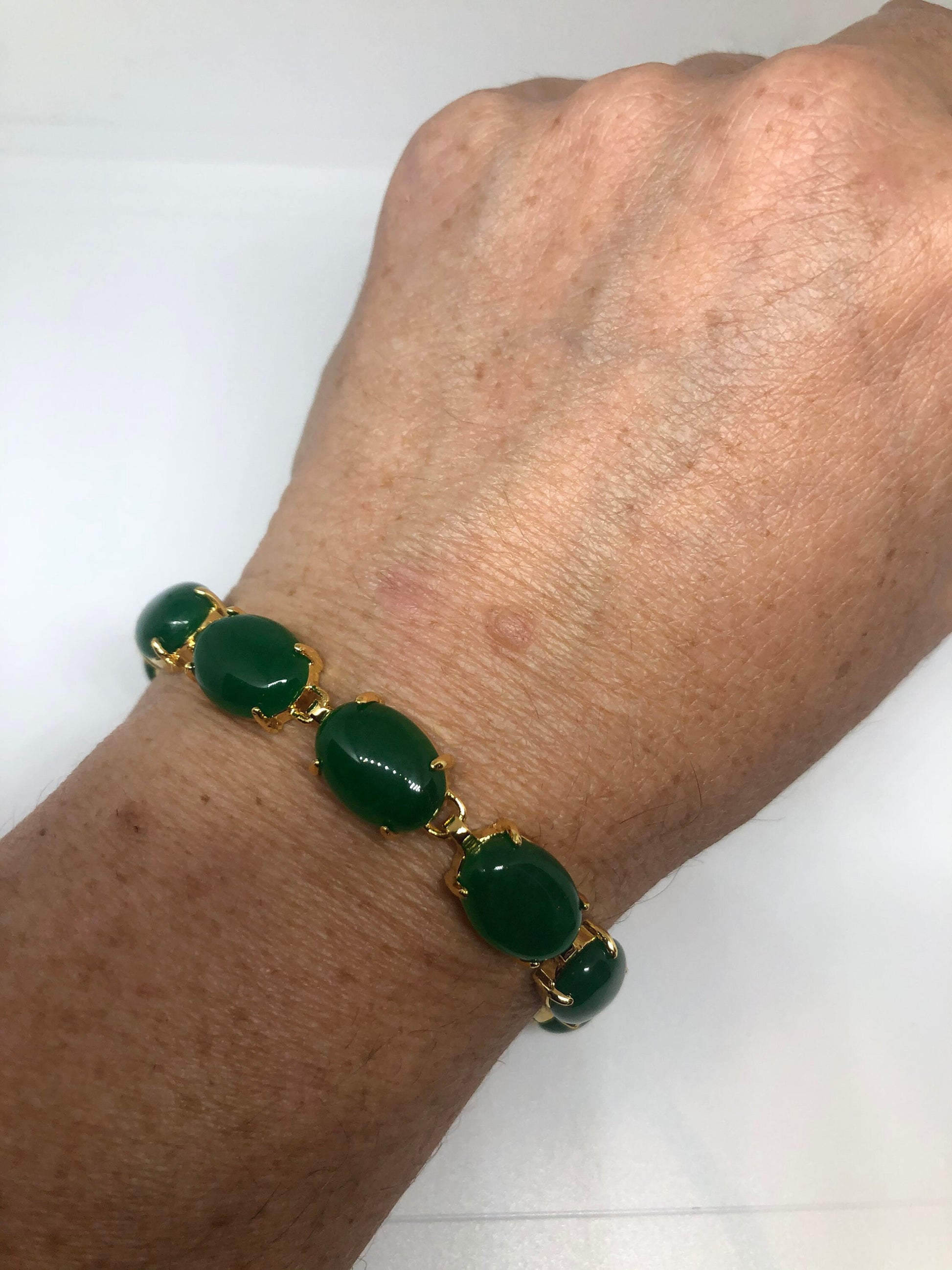 Vintage Green Jade Bracelet Golden White Bronze