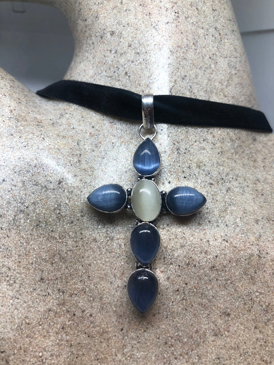 Vintage Moonstone and Blue Cats Eye cross Necklace Choker