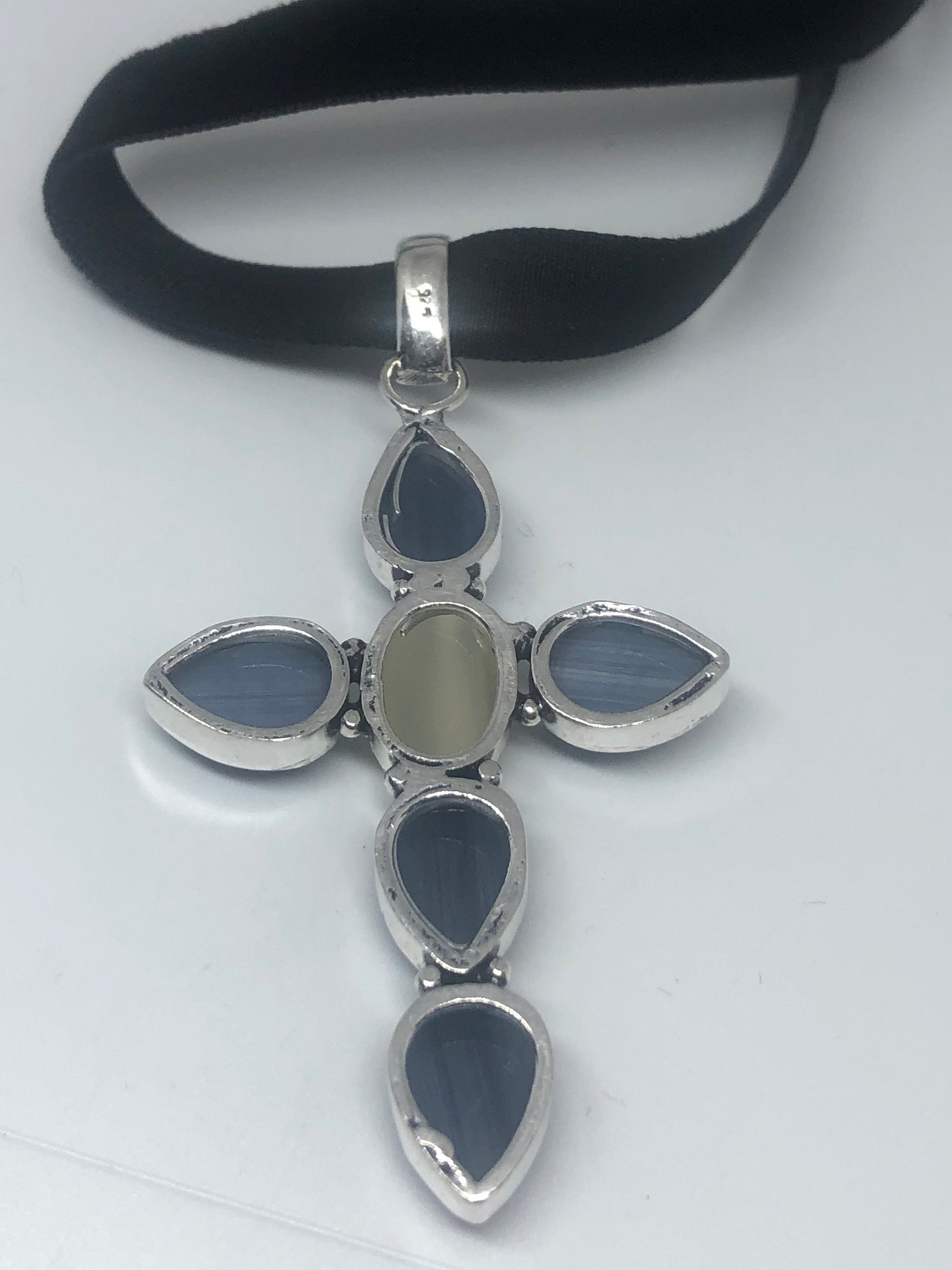 Vintage Moonstone and Blue Cats Eye cross Necklace Choker