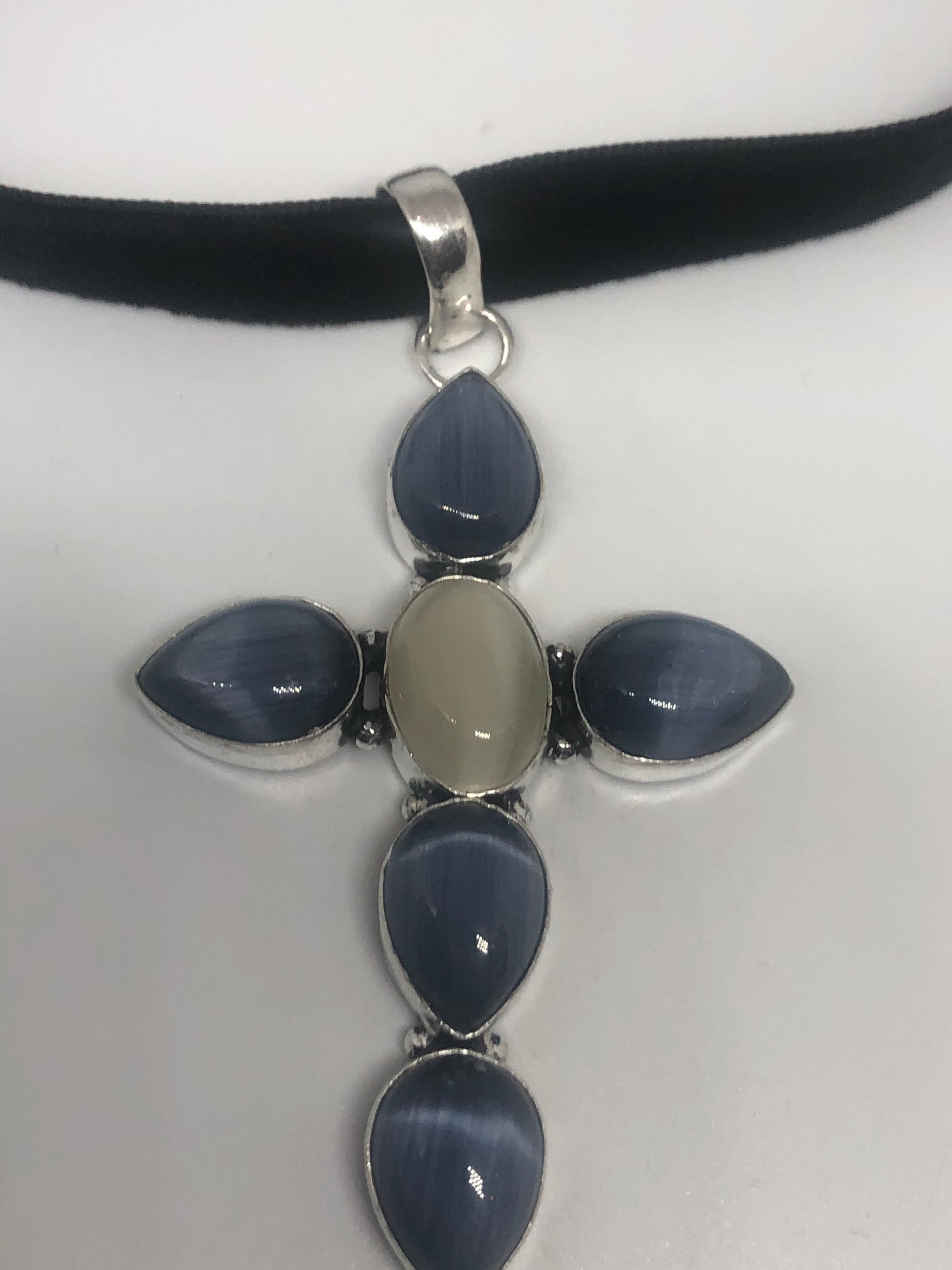 Vintage Moonstone and Blue Cats Eye cross Necklace Choker