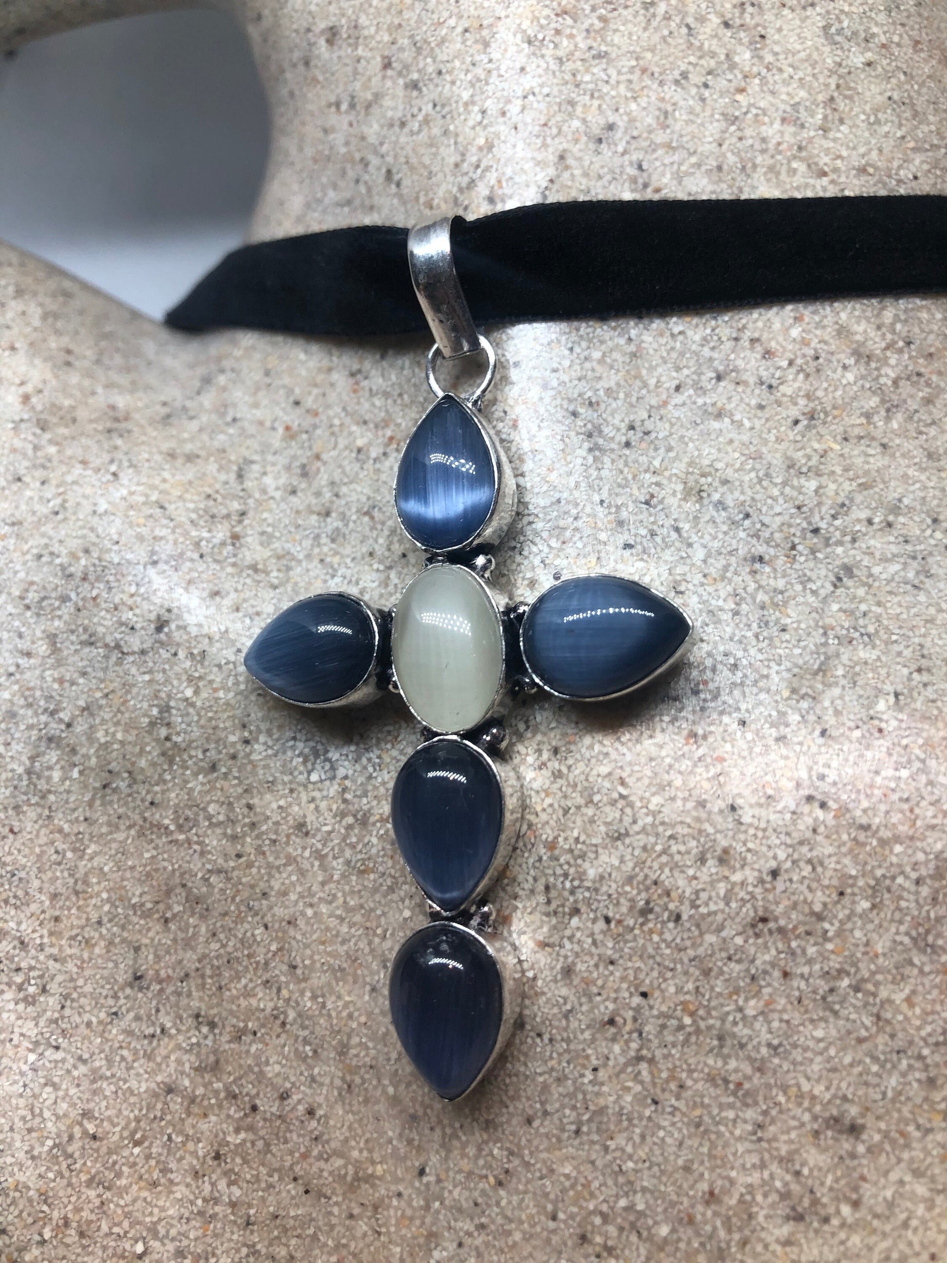 Vintage Moonstone and Blue Cats Eye cross Necklace Choker