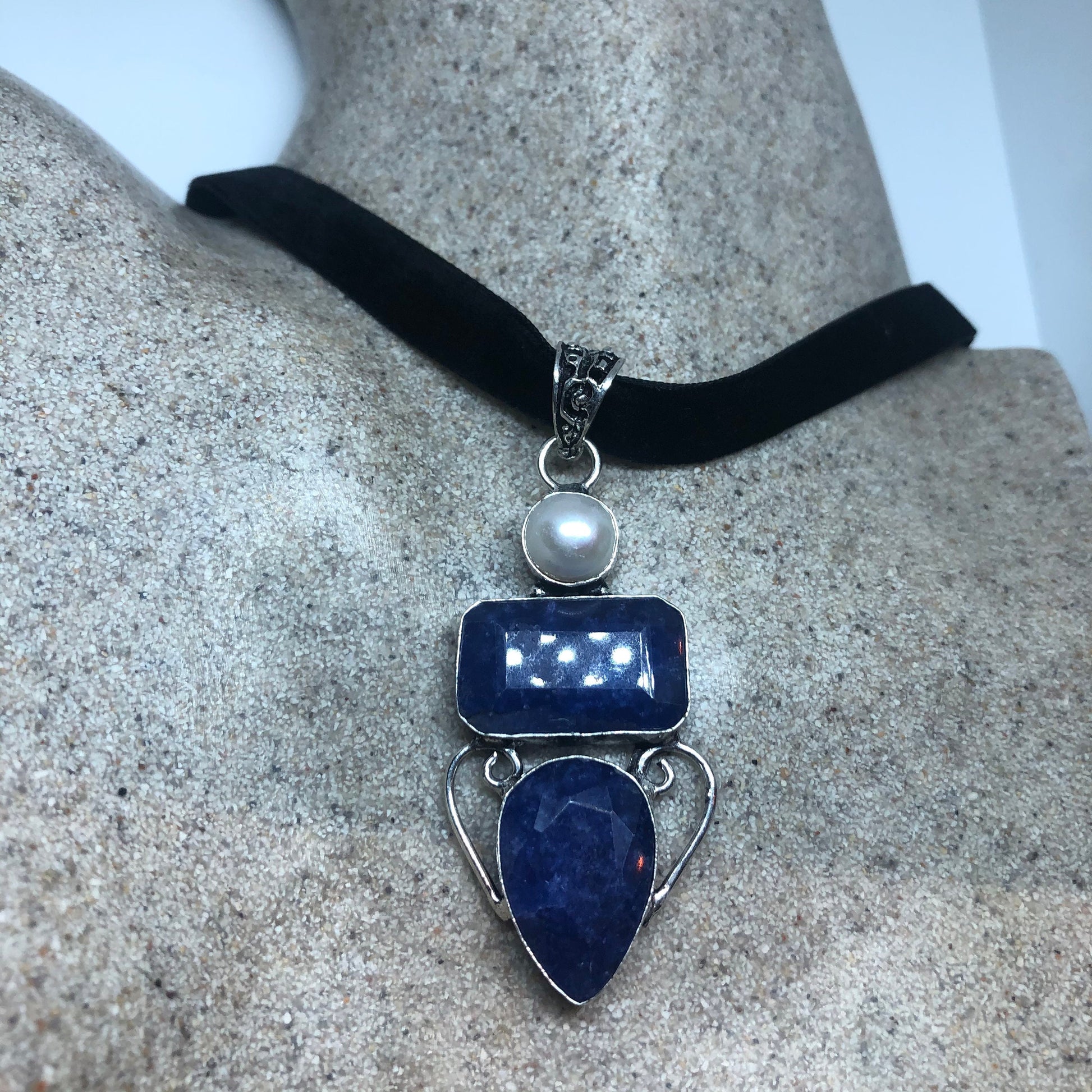 Vintage Raw Blue Sapphire and Pearl Choker Pendant