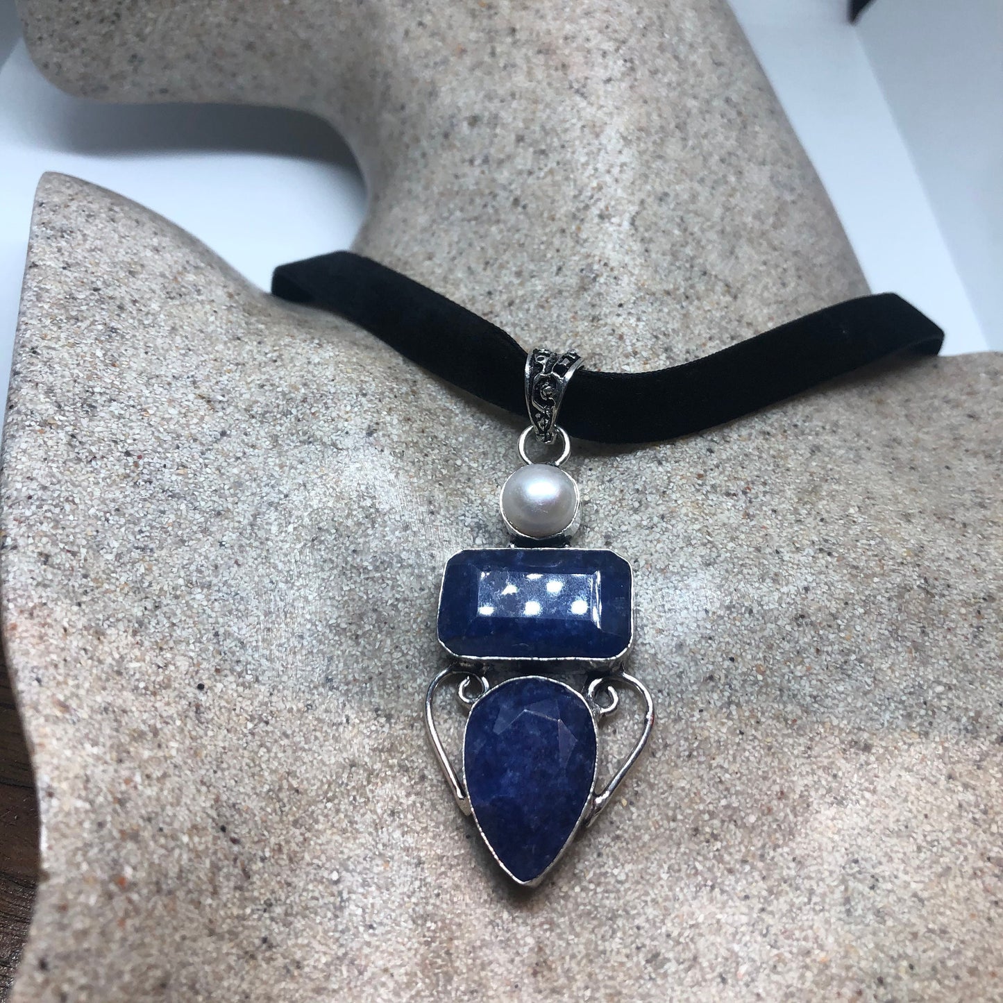 Vintage Raw Blue Sapphire and Pearl Choker Pendant