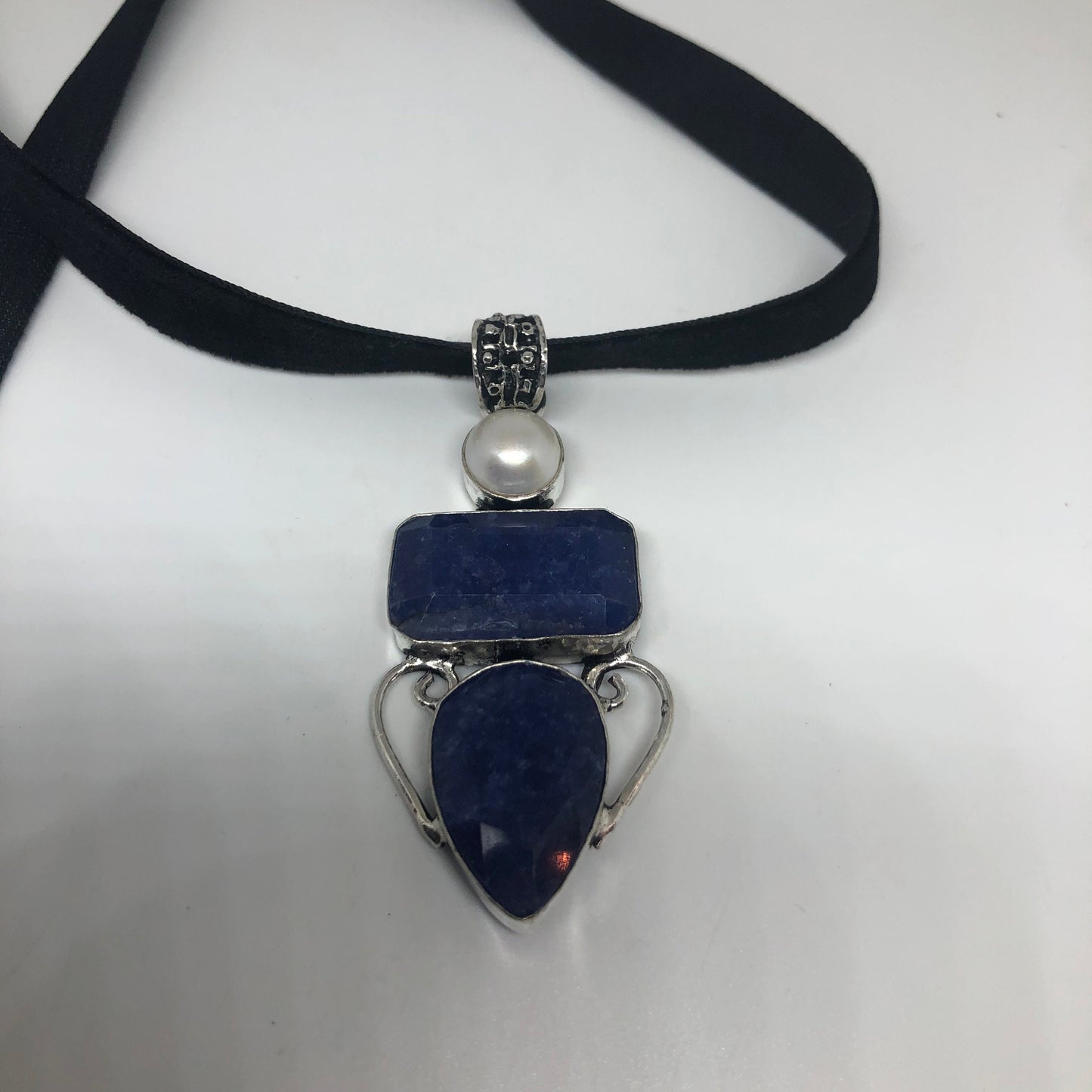 Vintage Raw Blue Sapphire and Pearl Choker Pendant