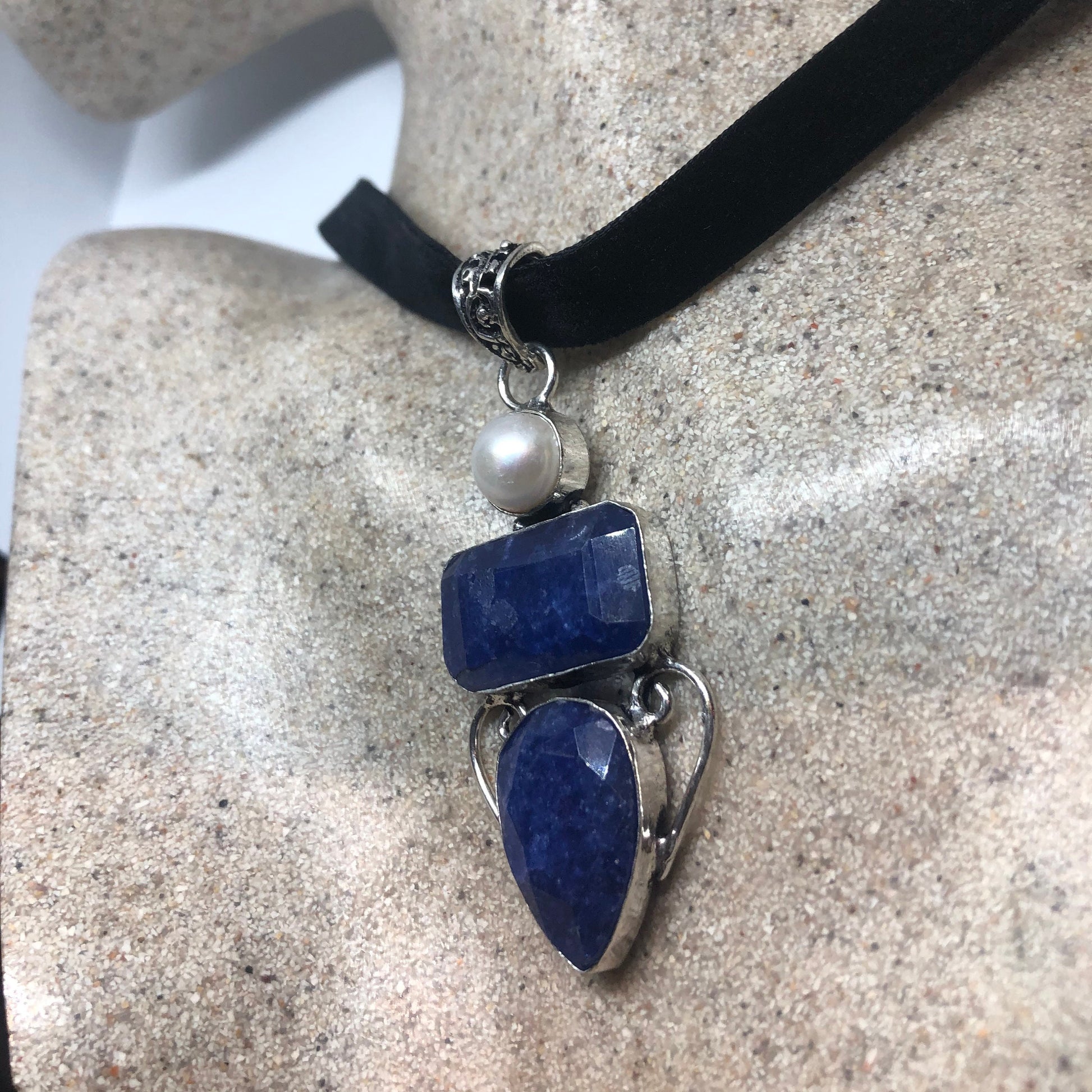 Vintage Raw Blue Sapphire and Pearl Choker Pendant