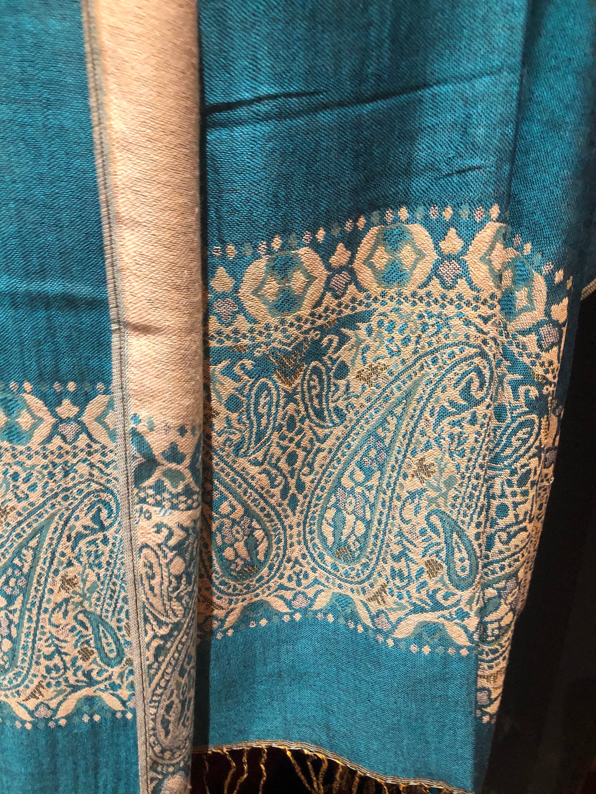 Vintage Teal Blue Paisley Brocade Pashmina Scarf Wrap Shawl