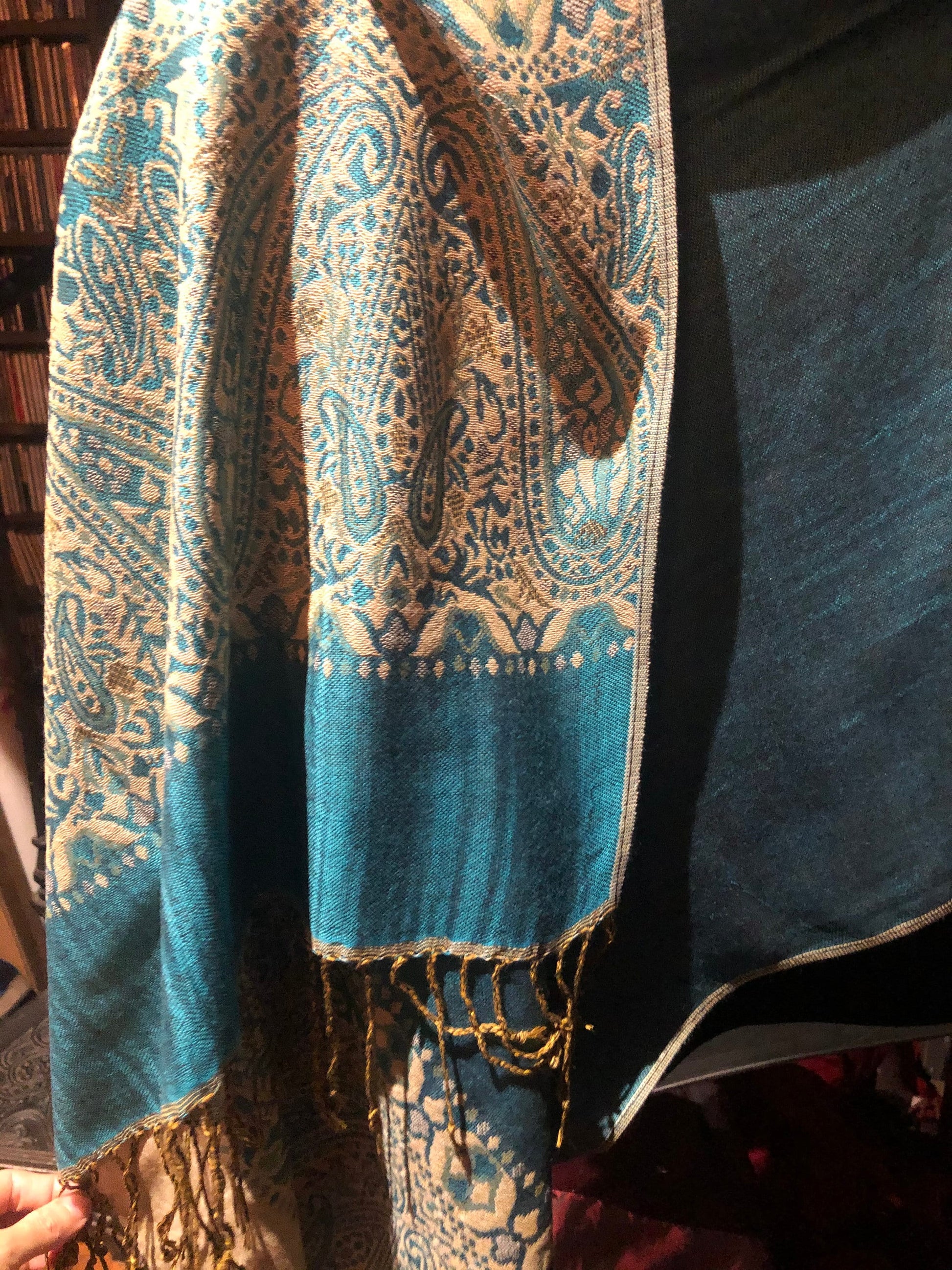 Vintage Teal Blue Paisley Brocade Pashmina Scarf Wrap Shawl