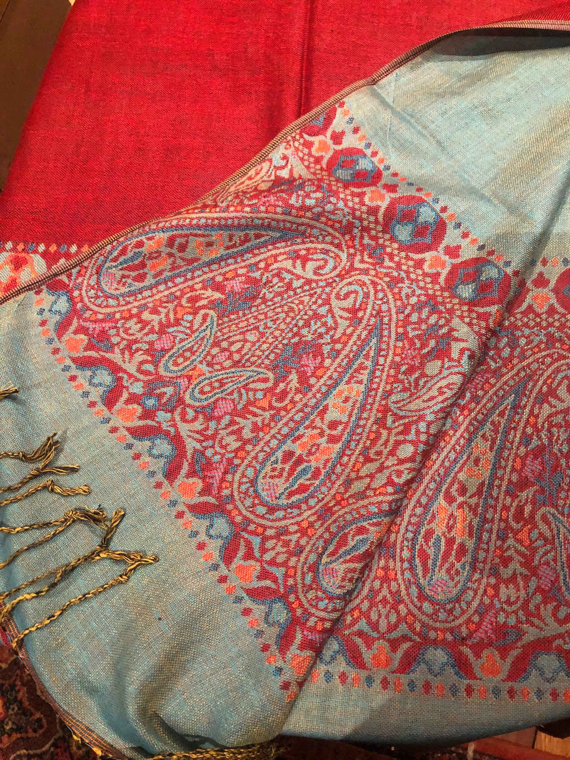 Vintage Red Blue Paisley Brocade Pashmina Scarf Wrap Shawl
