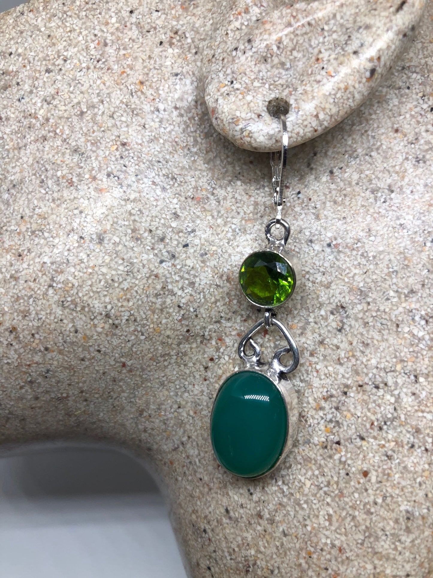 Antique Vintage Green Chrysoprase Silver Dangle Earrings