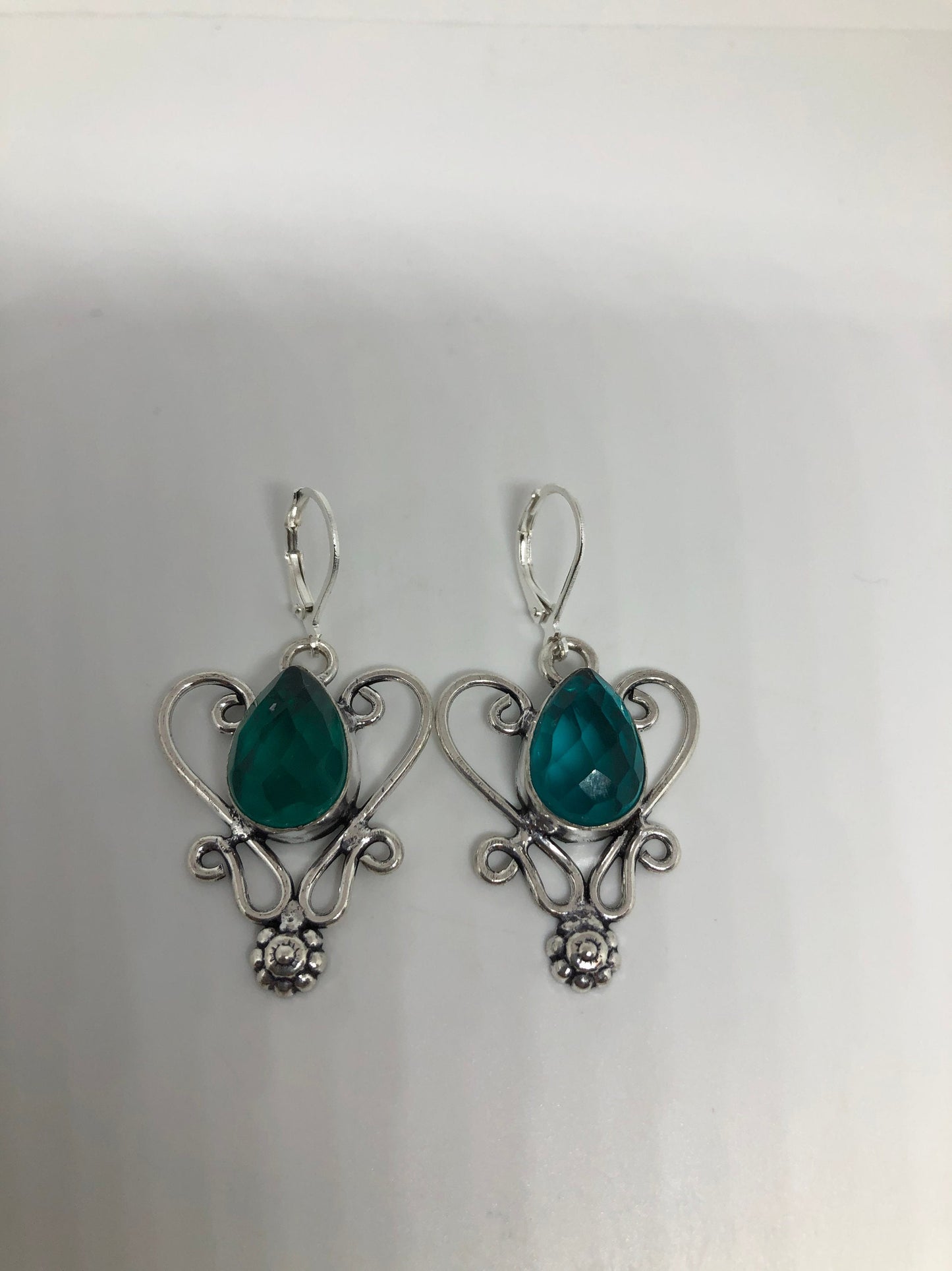 Antique Vintage Green Volcanic Glass Silver Dangle Earrings