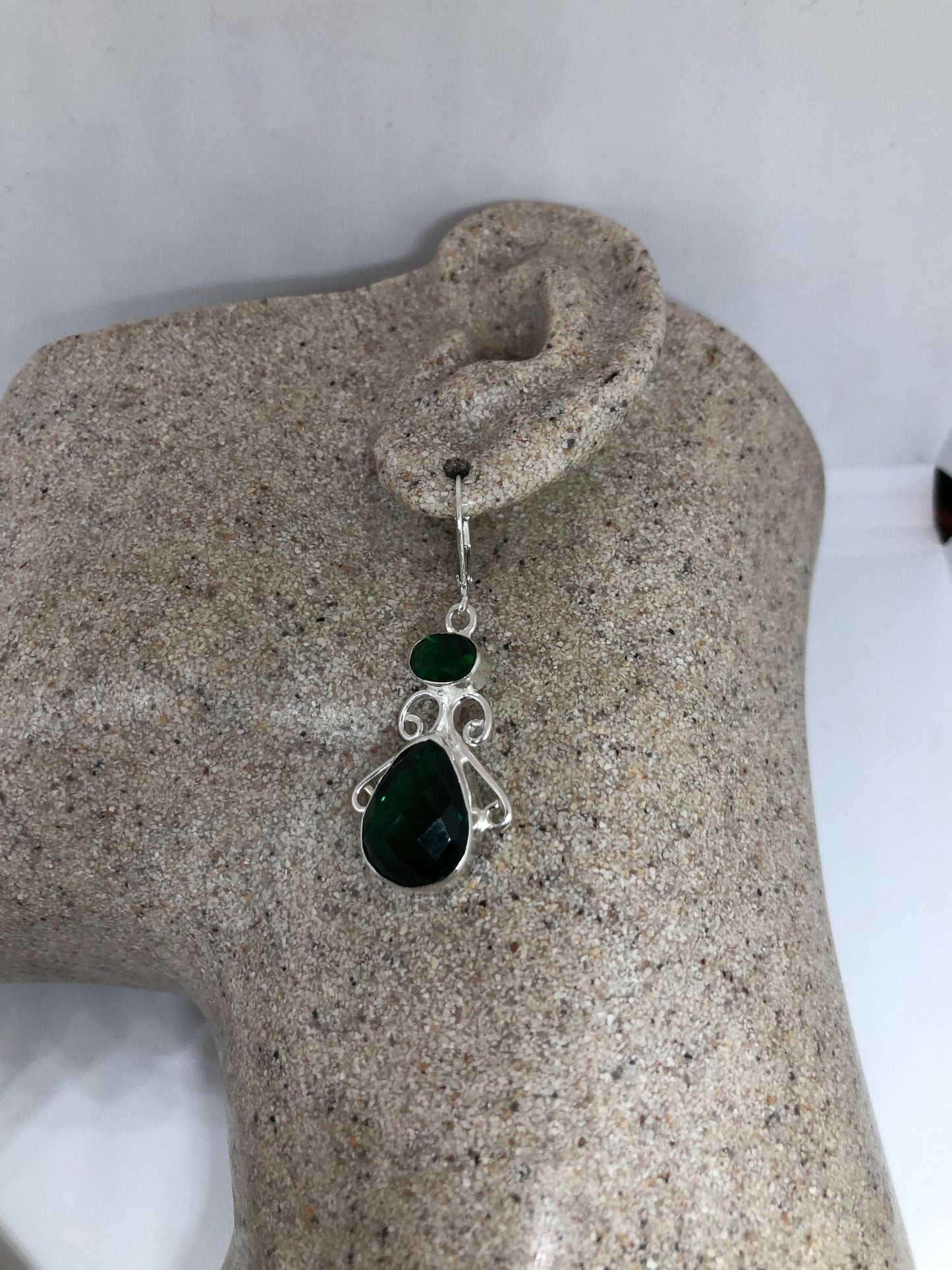 Antique Vintage Green Volcanic Glass Silver Dangle Earrings