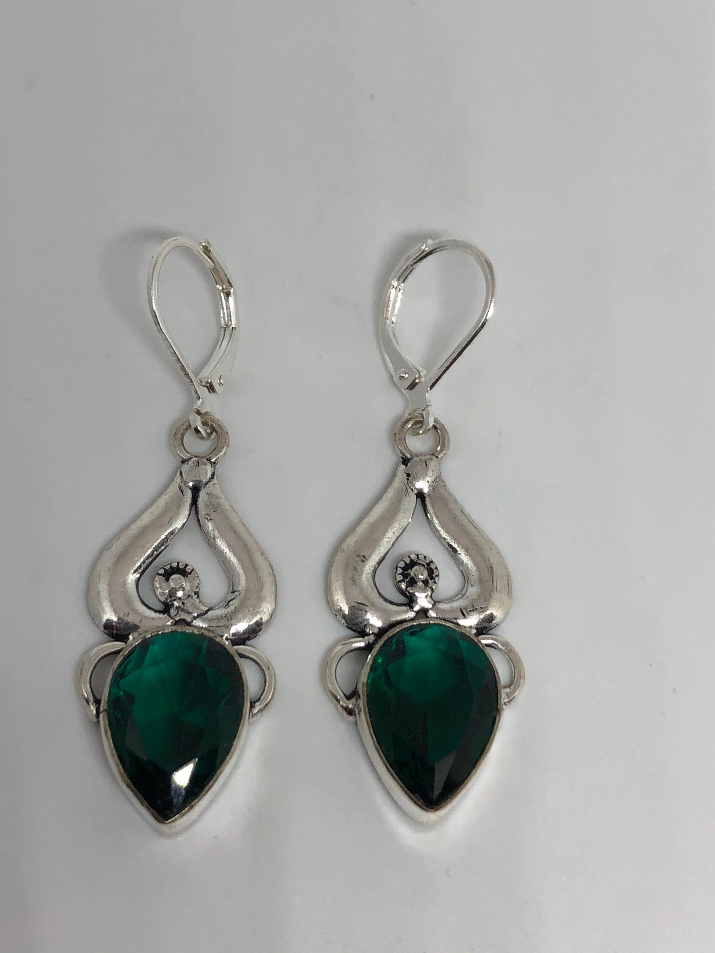 Antique Vintage Green Volcanic Glass Silver Dangle Earrings